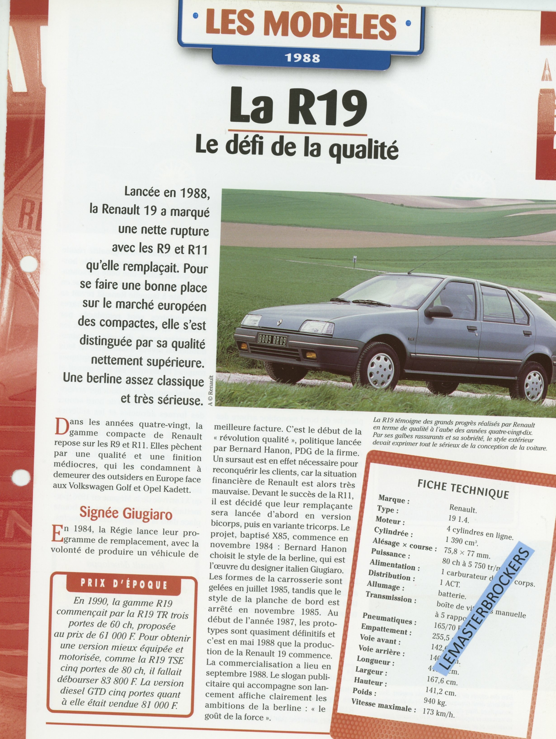 RENAULT 19 R19 - LES MODÈLES 1988 - FICHE AUTO HACHETTE
