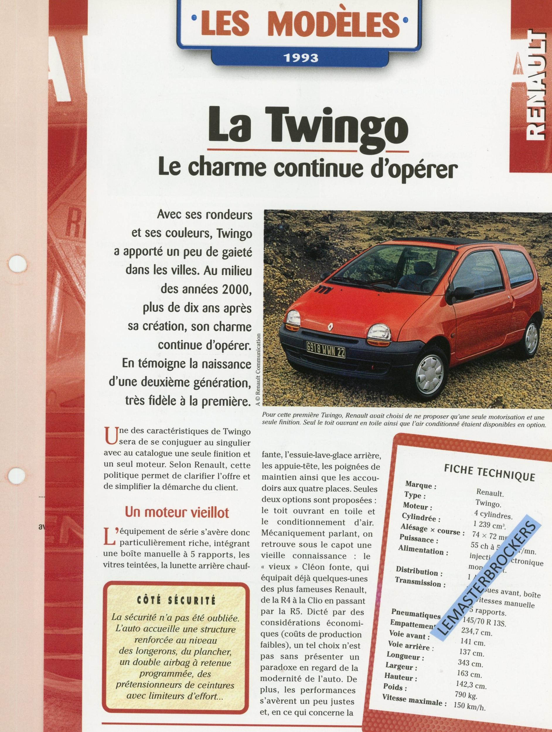 RENAULT TWINGO - FICHE AUTO HACHETTE 4 PAGES LES MODÈLES 1993