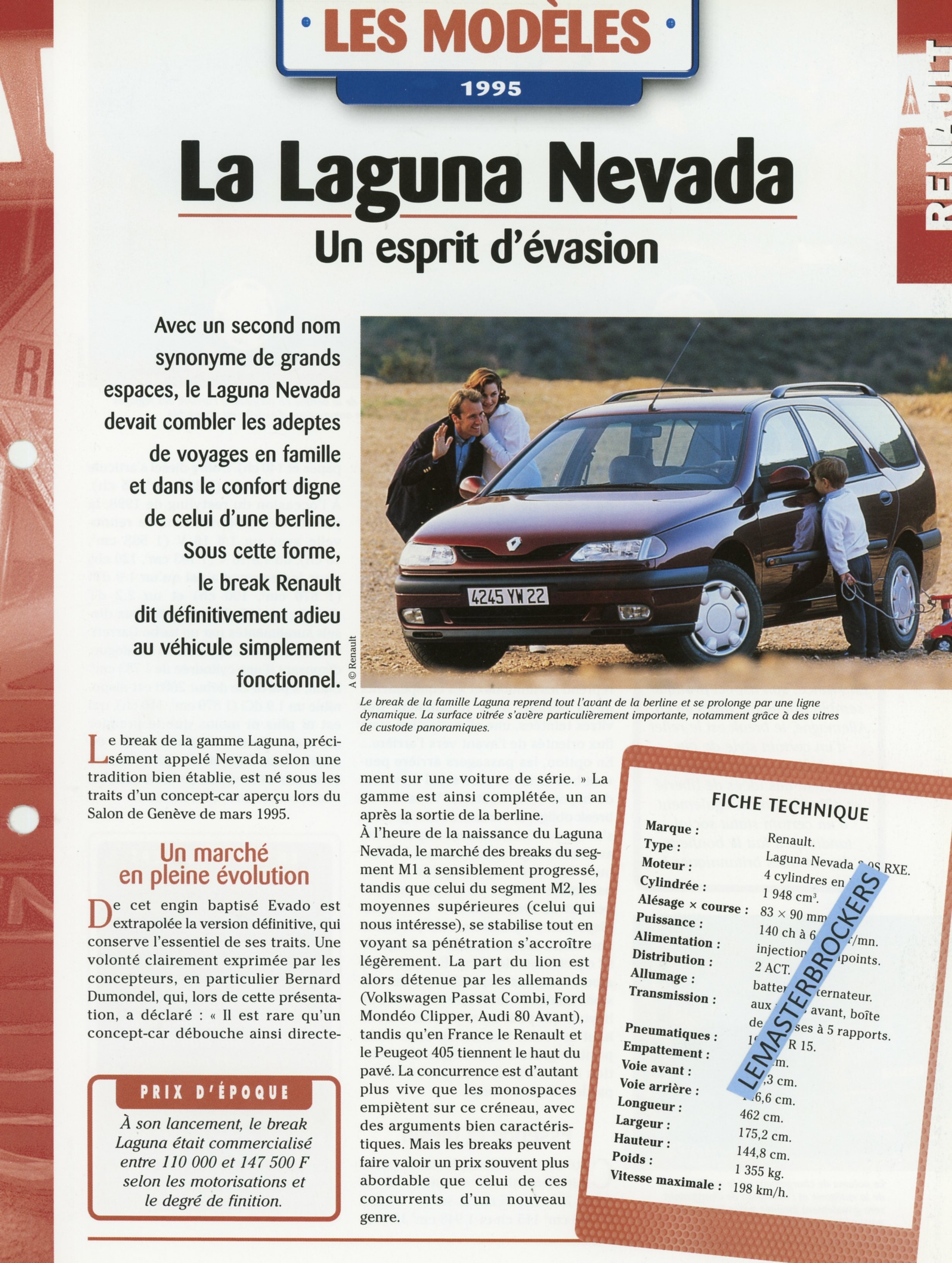 RENAULT LAGUNA NEVADA - FICHE AUTO HACHETTE LES MODÈLES 1995