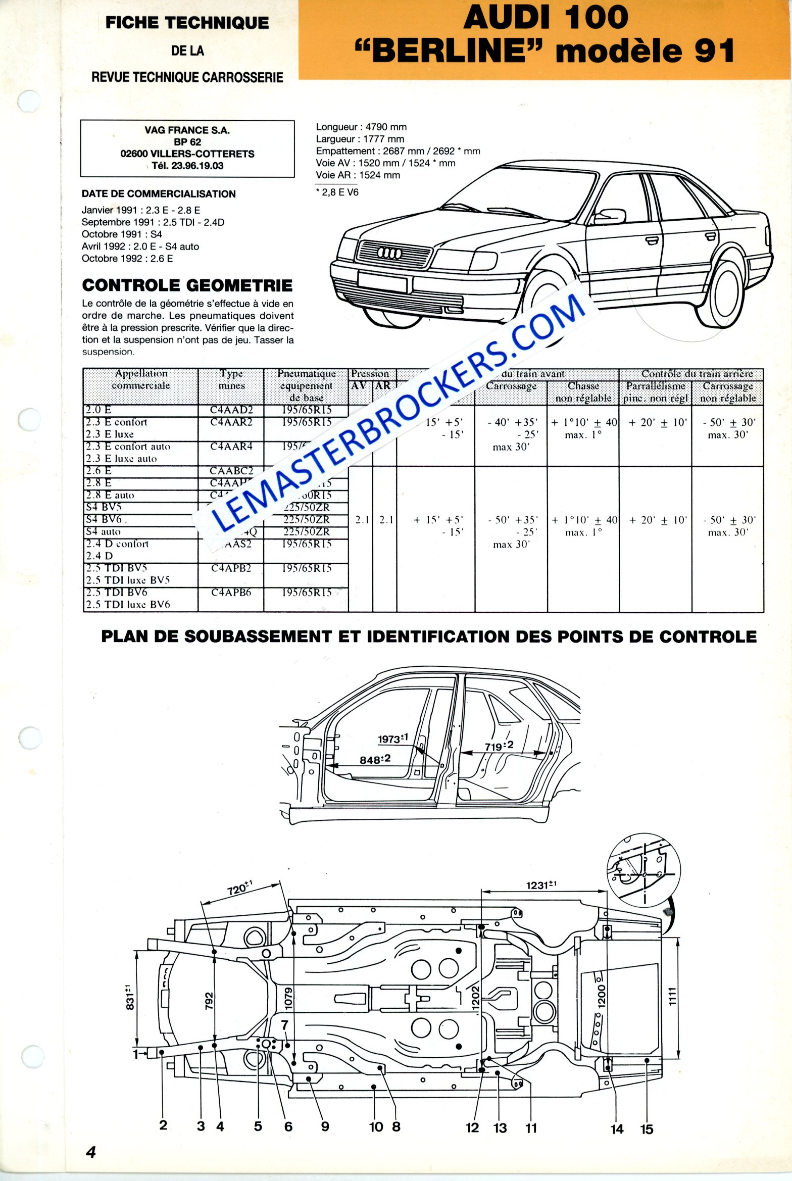 AUDI 100 BERLINE MODELE 1991 - FICHE RTC