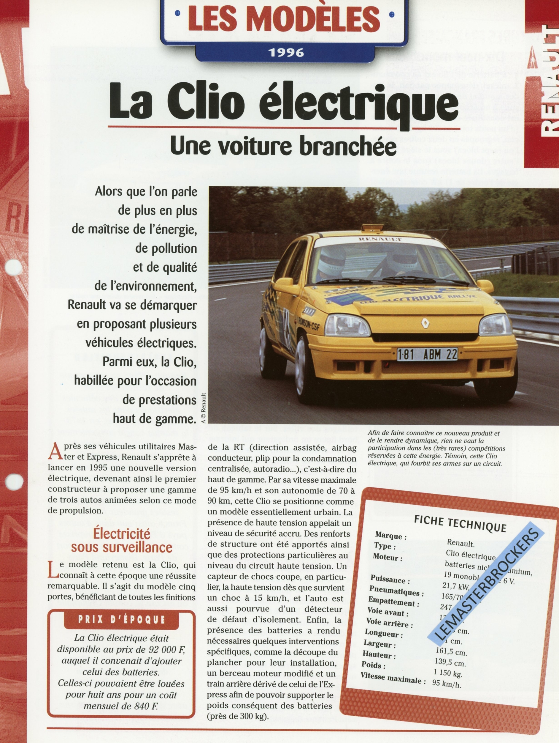 RENAULT CLIO ÉLECTRIQUE - FICHE AUTO HACHETTE LES MODÈLES 1996