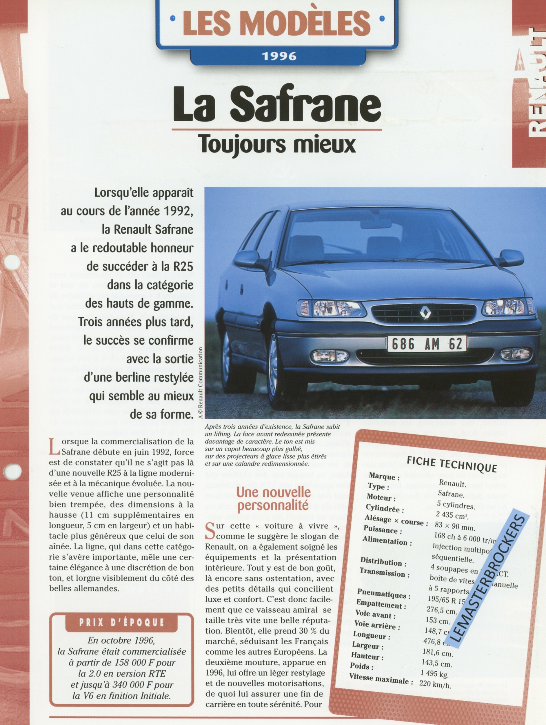 RENAULT SAFRANE - FICHE AUTO HACHETTE LES MODÈLES 1996
