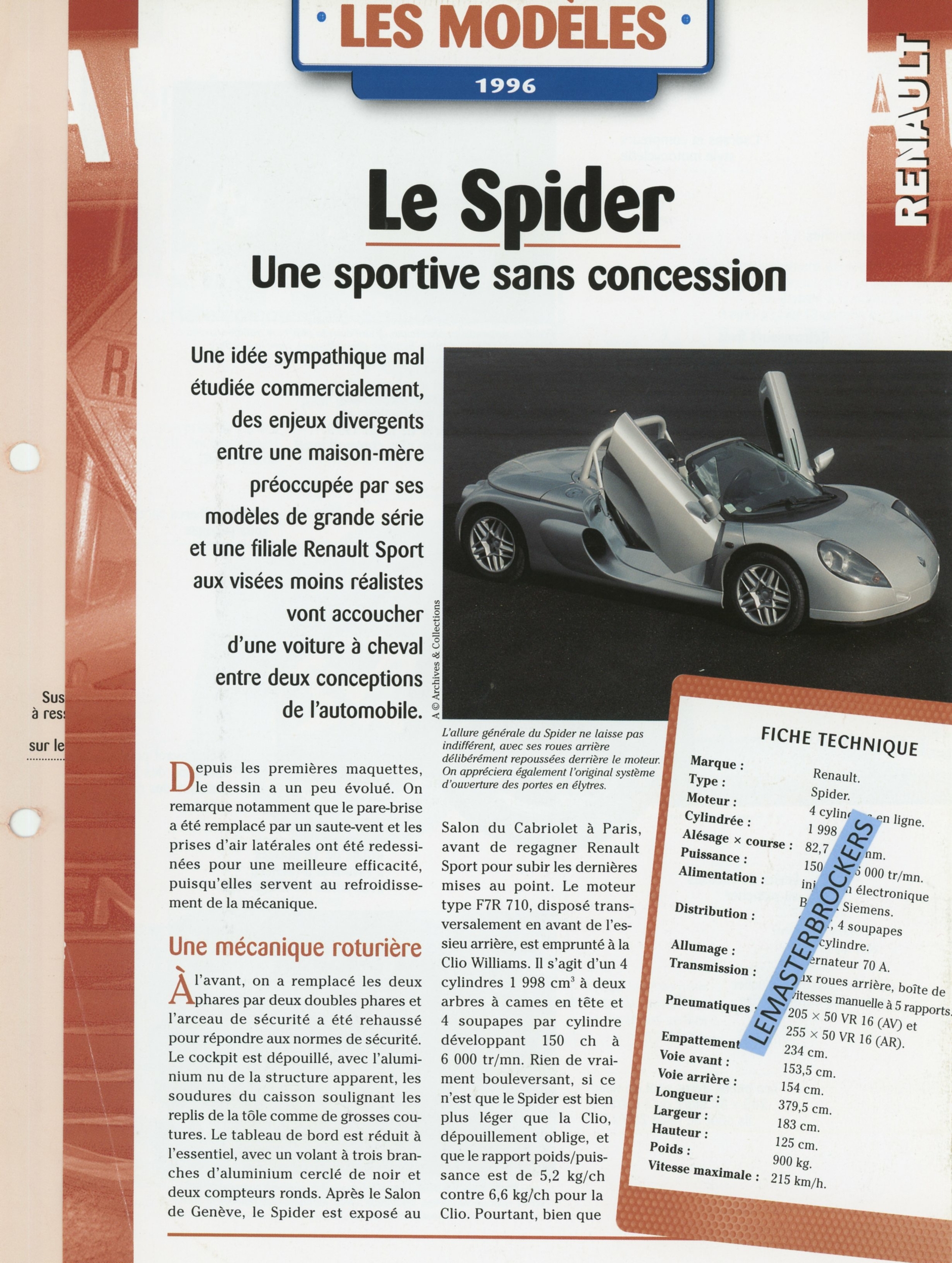 RENAULT SPIDER SPORTIVE SANS CONCESSION - FICHE AUTO HACHETTE  4 PAGES LES MODÈLES 1996
