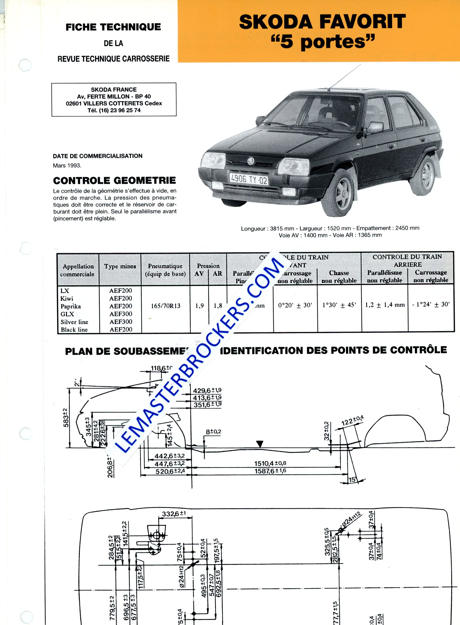 SKODA FAVORIT 5 PORTES FICHE TECHNIQUE CARROSSERIE 1994