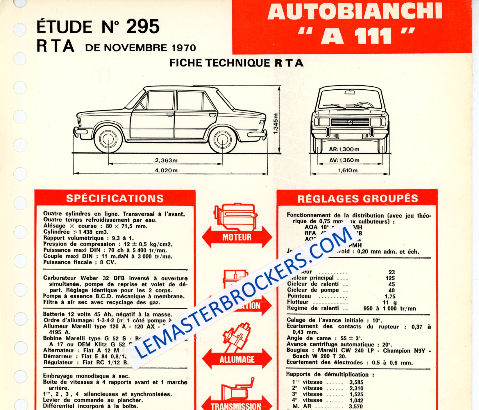 AUTOBIANCHI A 111 A111 - FICHE TECNIQUE RTA 1970