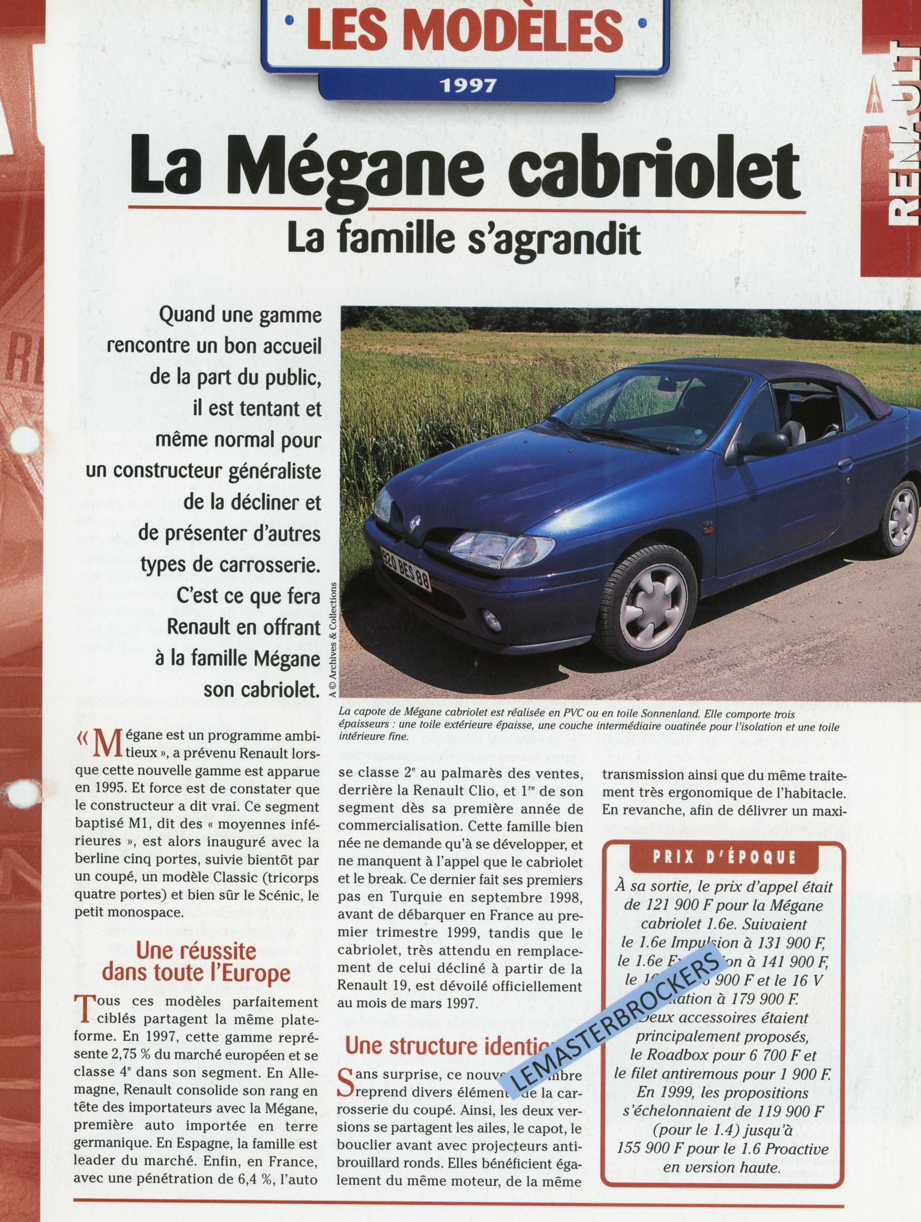 RENAULT MÉGANE CABRIOLET - FICHE AUTO HACHETTE LES MODÈLES 1997