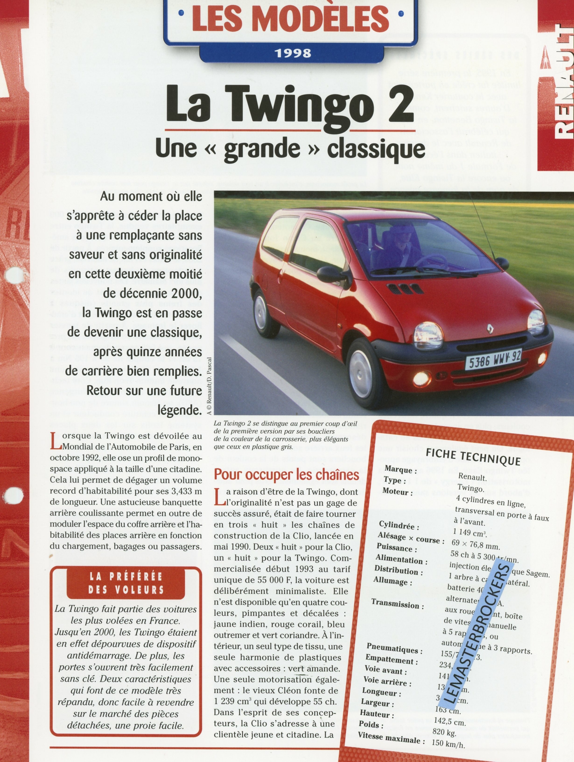 RENAULT TWINGO 2 - FICHE AUTO HACHETTE LES MODÈLES 1998