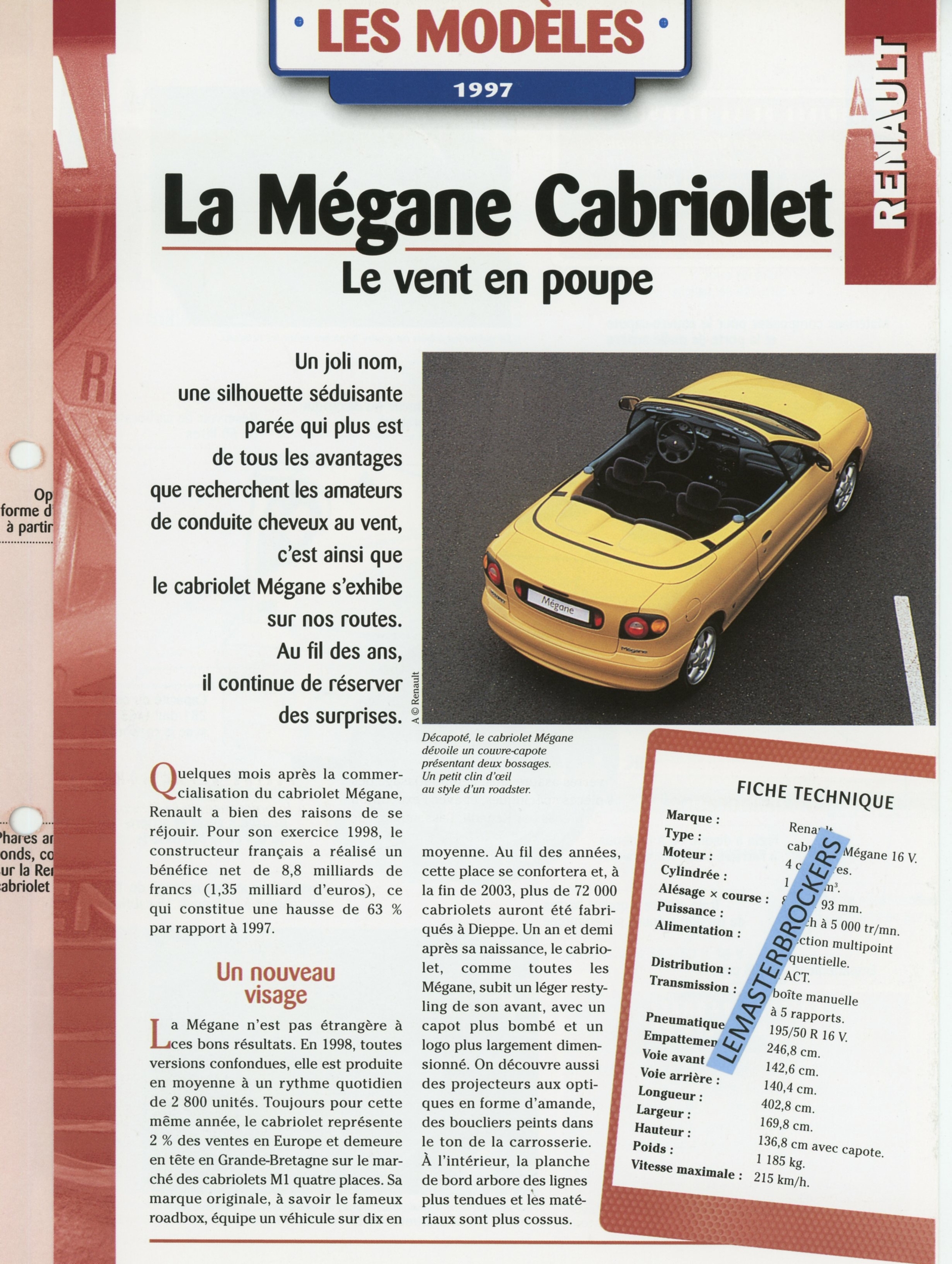 RENAULT MÉGANE CABRIOLET - FICHE AUTO 4 PAGES HACHETTE LES MODÈLES 1997