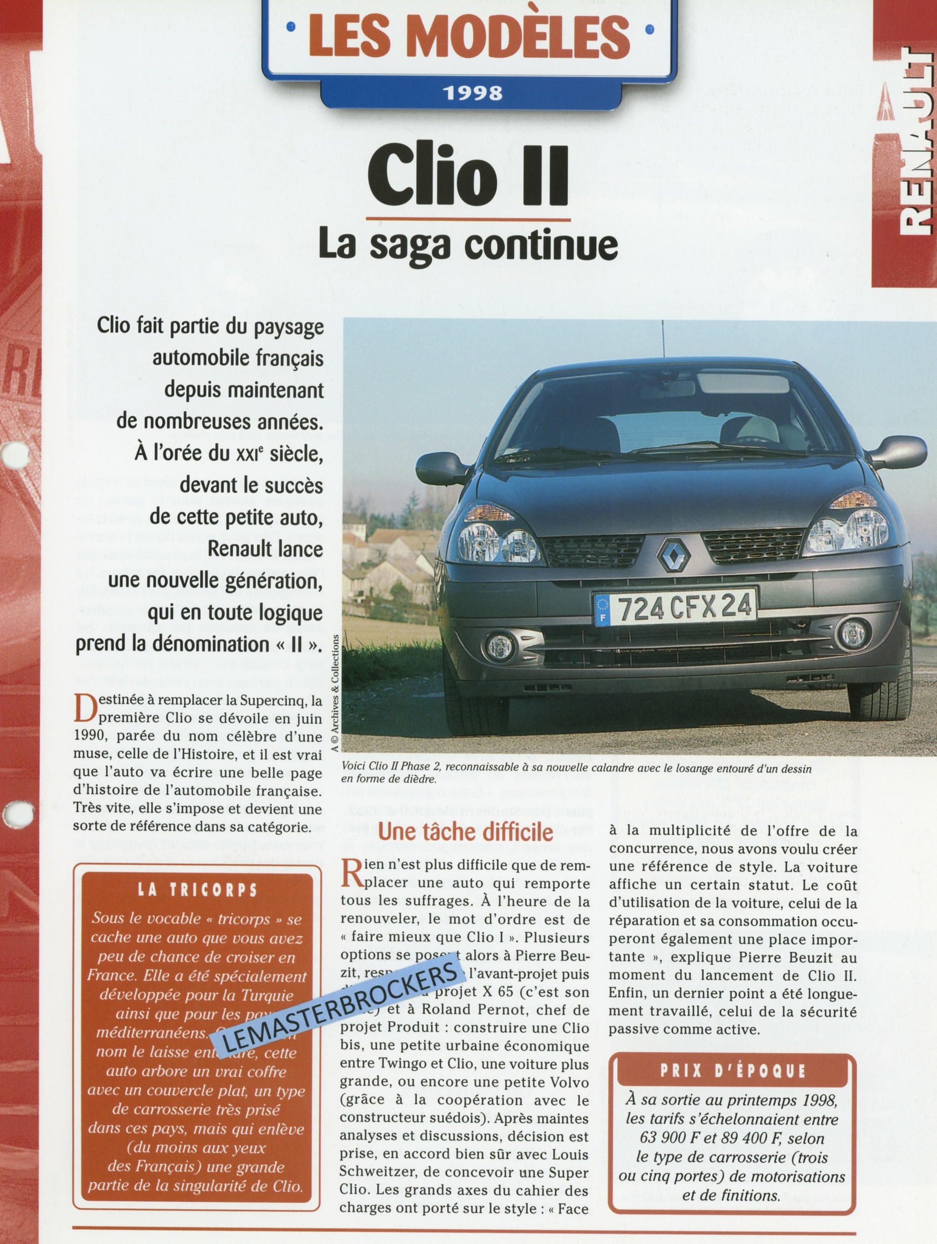 RENAULT CLIO 2 LA SAGA CONTINUE - FICHE AUTO HACHETTE LES MODÈLES 1998