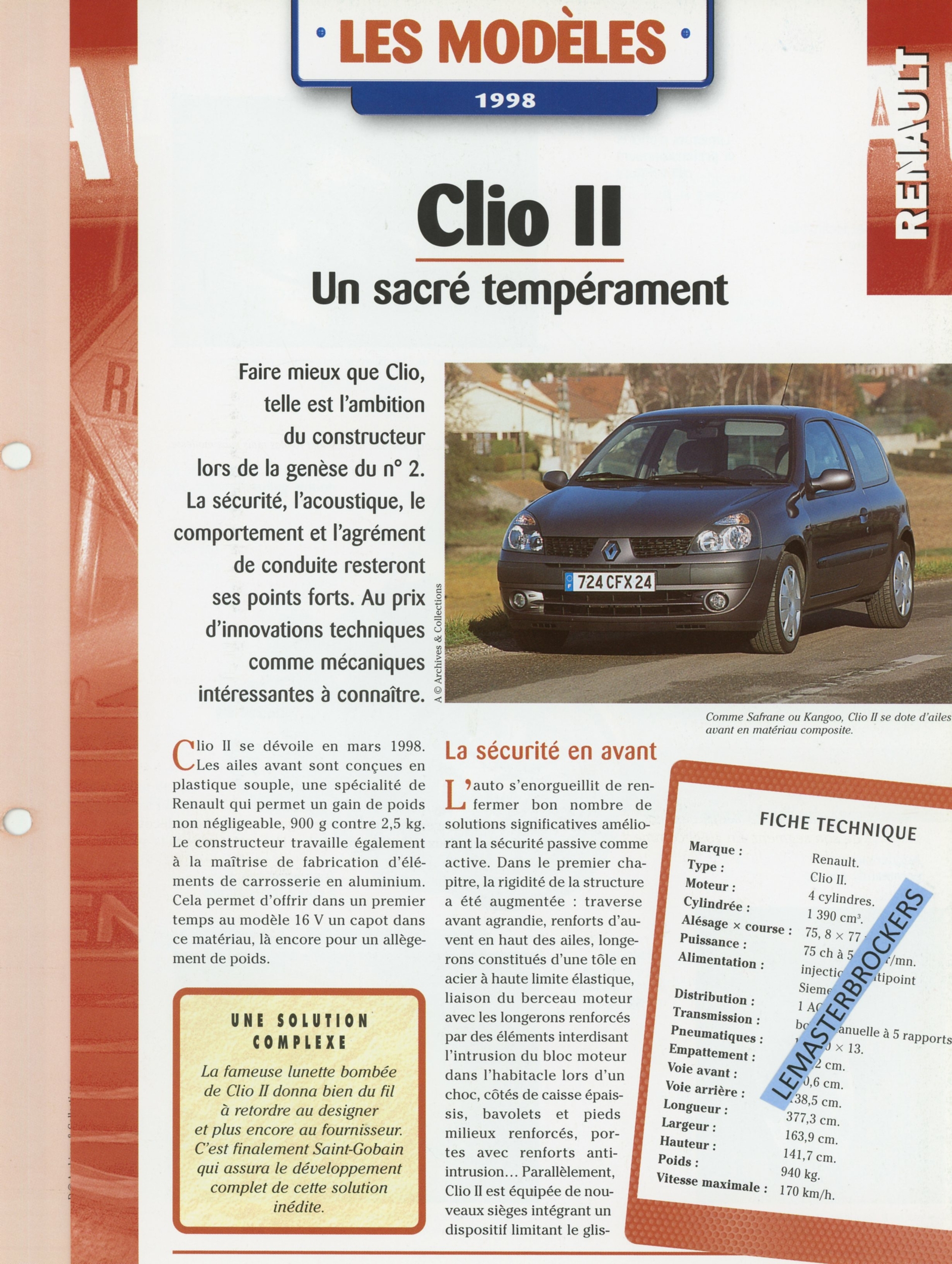 RENAULT CLIO 2 - FICHE AUTO 4/PAGES HACHETTE LES MODÈLES 1998