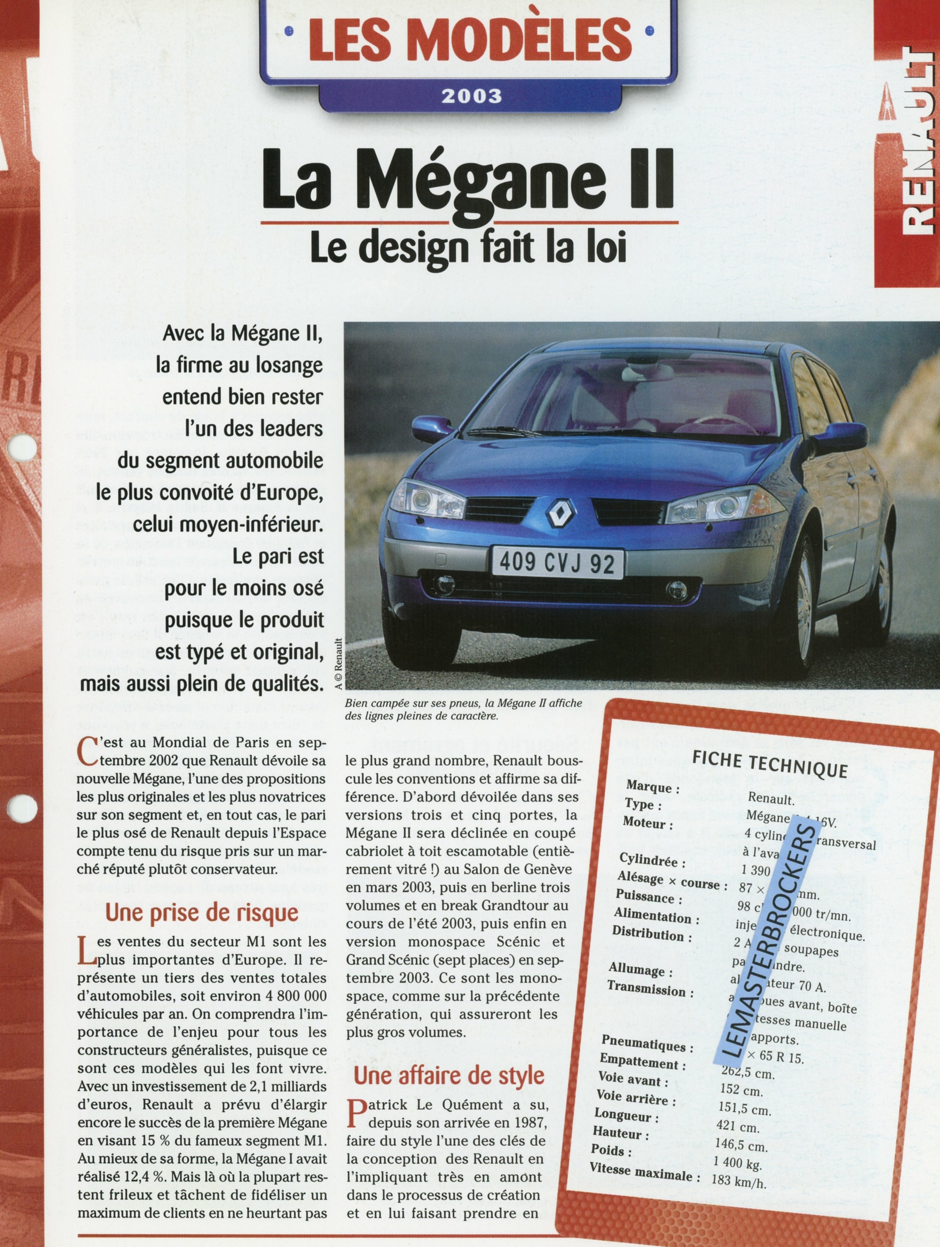 RENAULT MÉGANE 2 - FICHE AUTO HACHETTE LES MODÈLES 2003