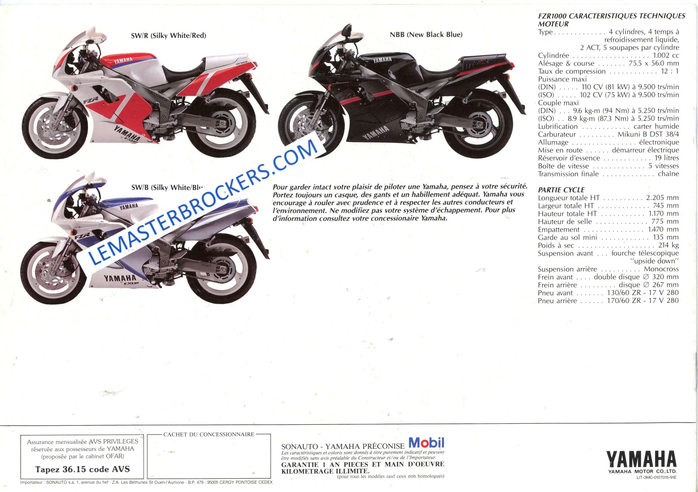 brochure moto YAMAHA FZR 1000 FZR1000 1991