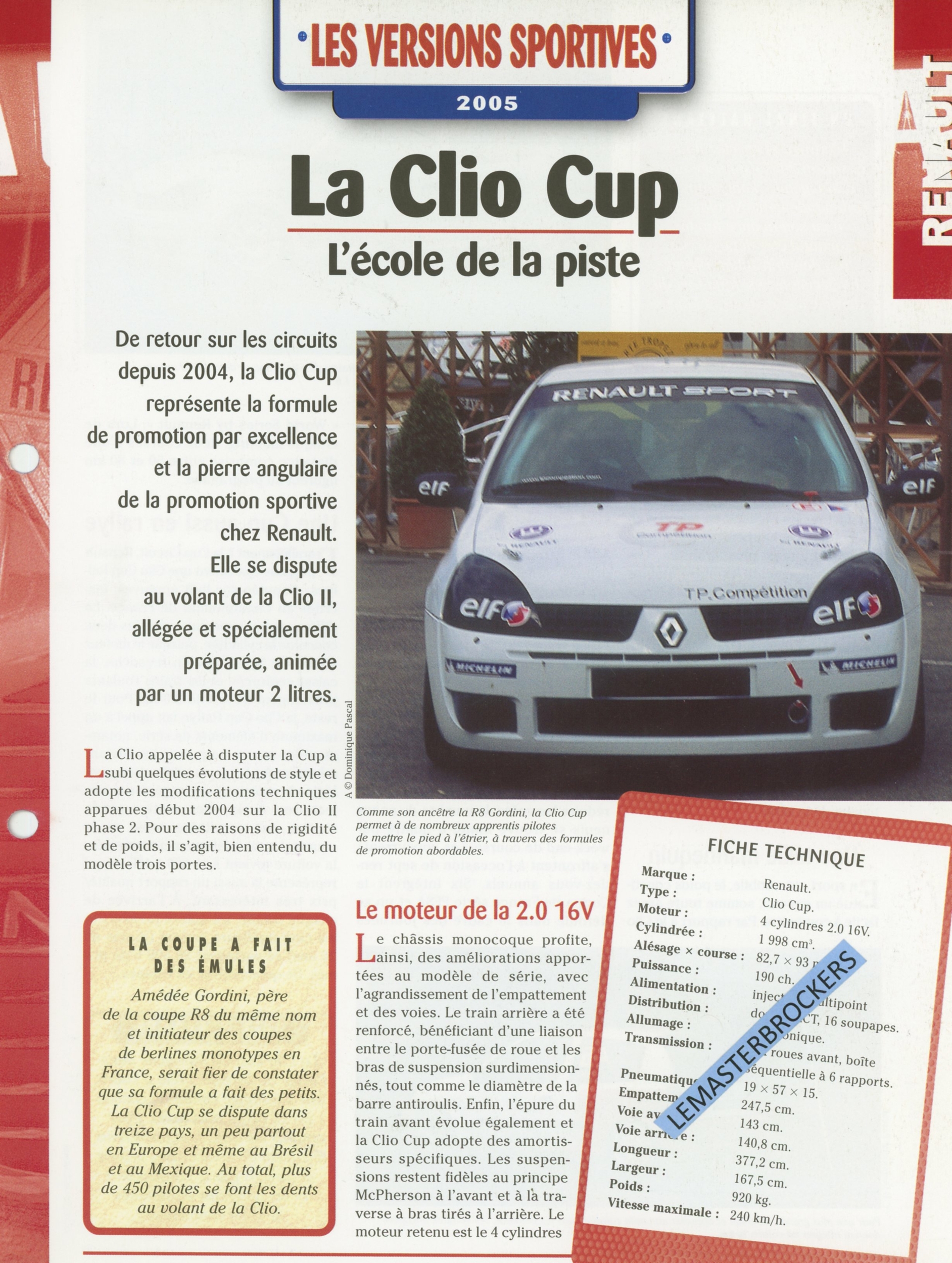 RENAULT CLIO CUP - FICHE AUTO HACHETTE LES VERSIONS SPORTIVES 2005