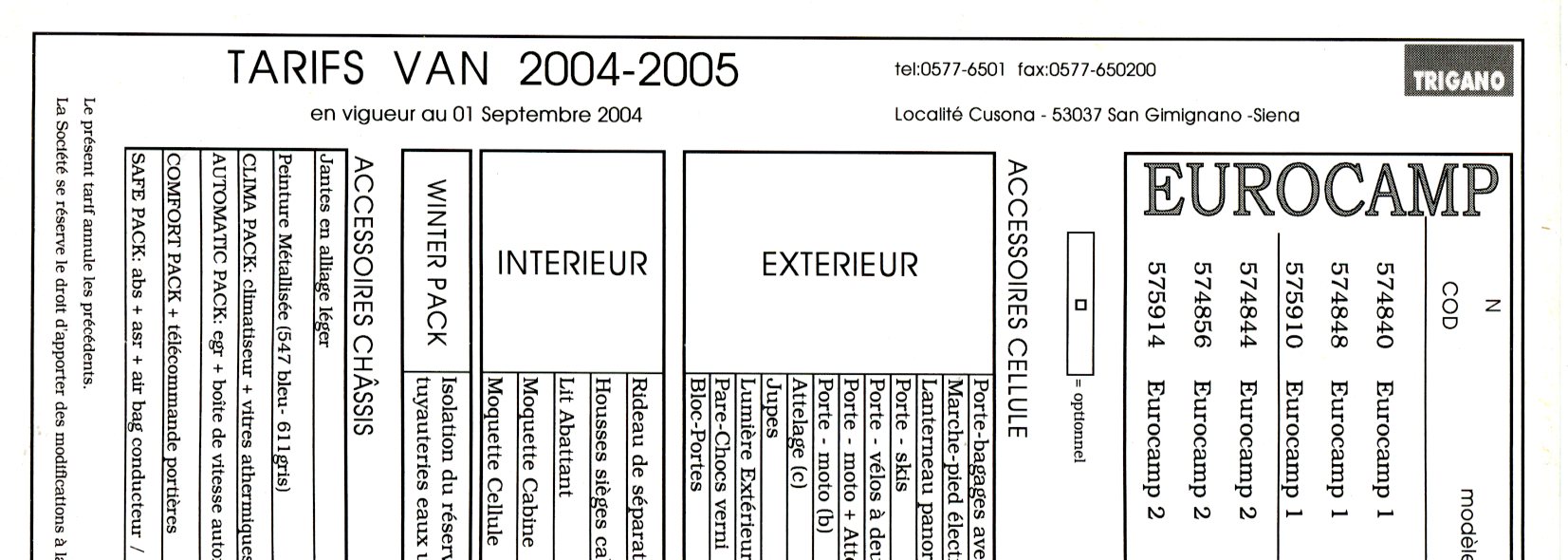TRIGANO EUROCAMP 1 ET 2 AVEC TARIFS 2004 2005