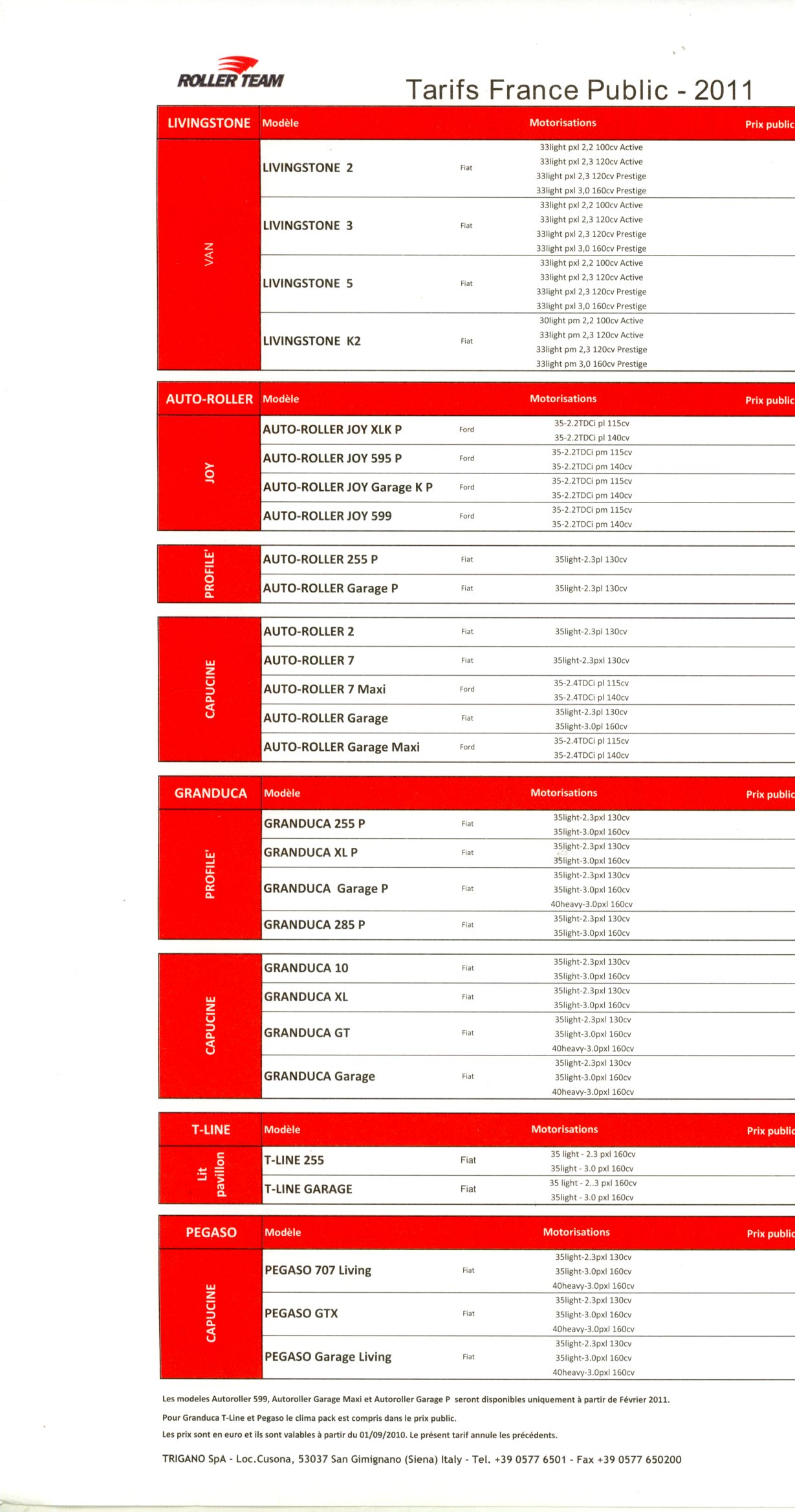 ROLLER TEAM 2011 AUTO-ROLLER GRANDUCA PEGASO LIVINSTONE CATALOGUE CAMPING-CAR