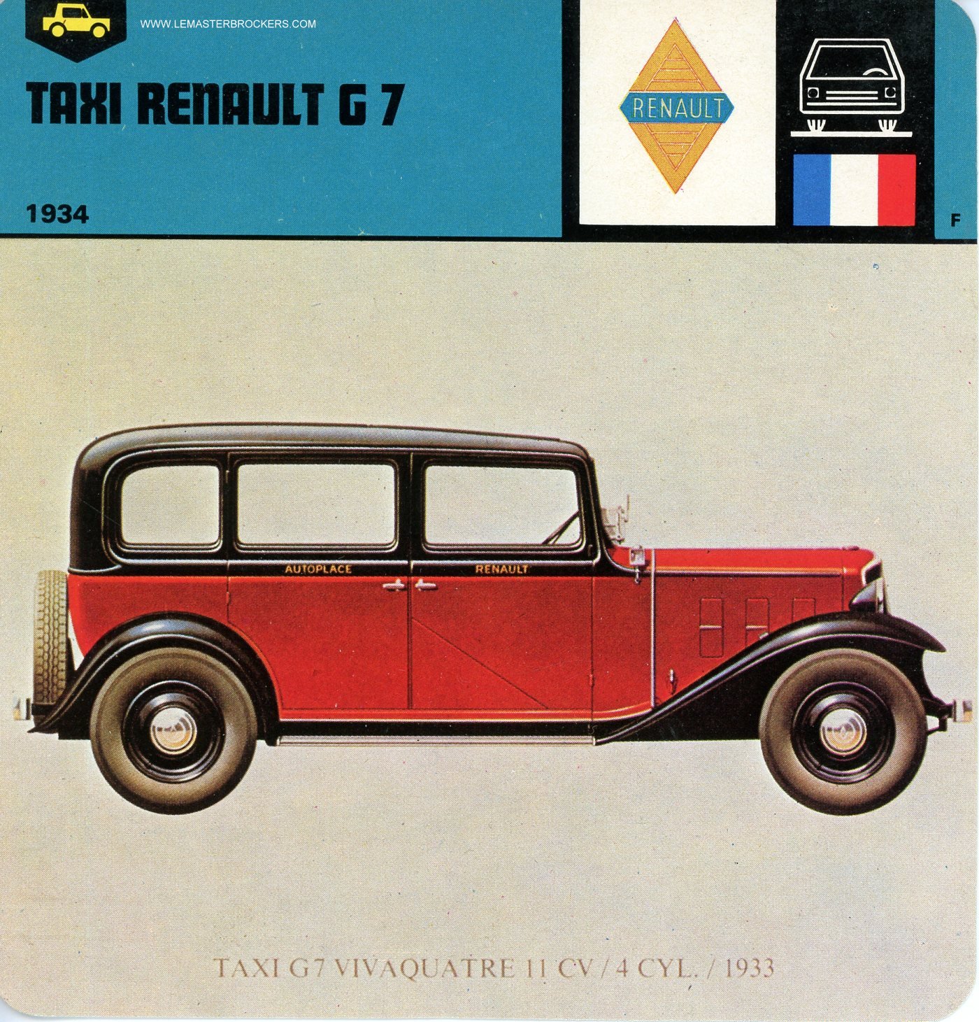 FICHE AUTO RENAULT G7 TAXI 1934 (RENAULT KZ11)