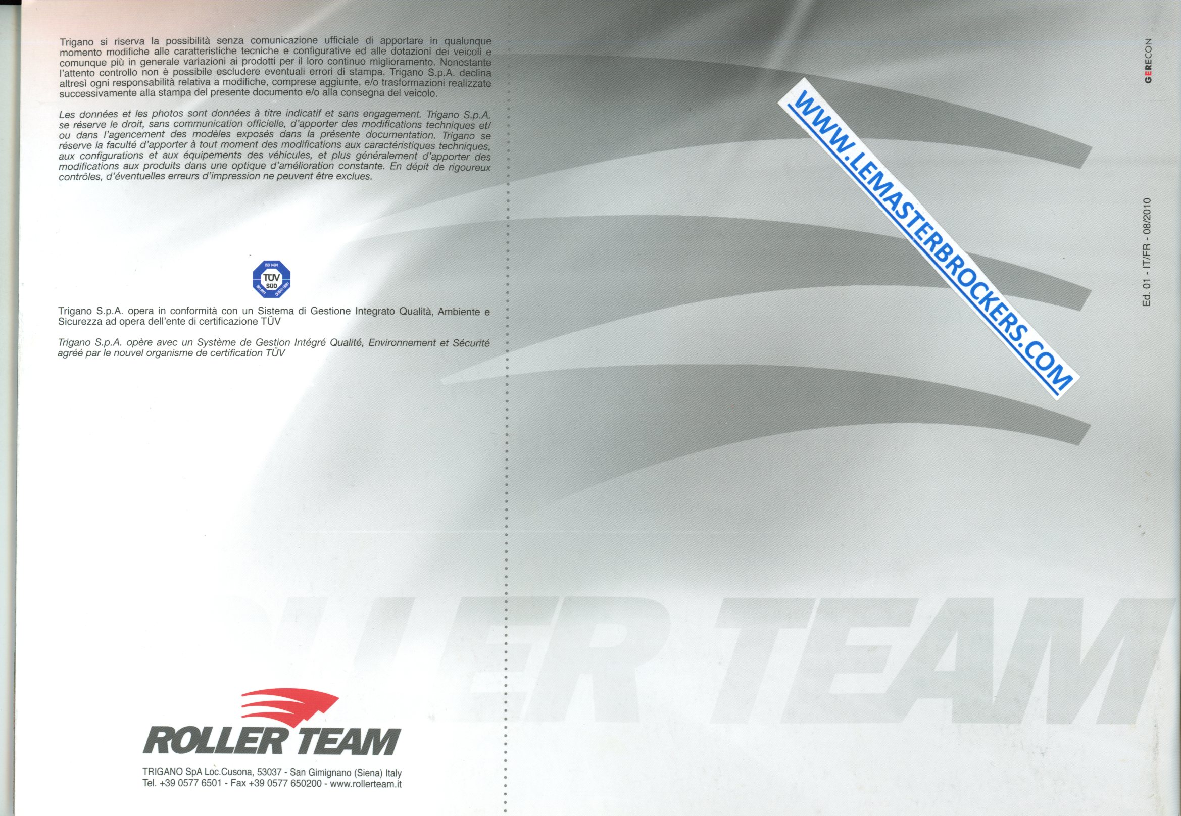 ROLLER TEAM 2011 AUTO-ROLLER GRANDUCA PEGASO LIVINSTONE CATALOGUE CAMPING-CAR