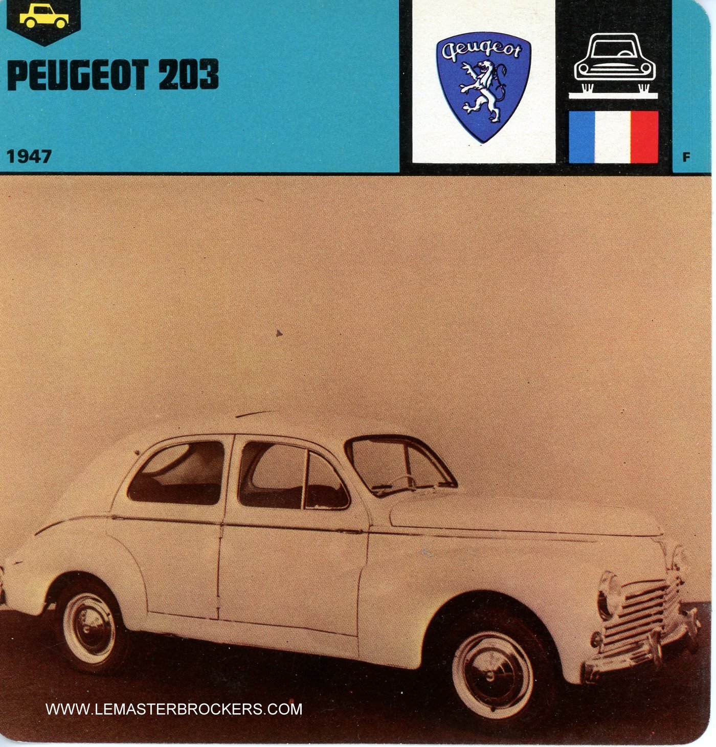 FICHE AUTO PEUGEOT 203  1947  LEMASTERBROCKERS