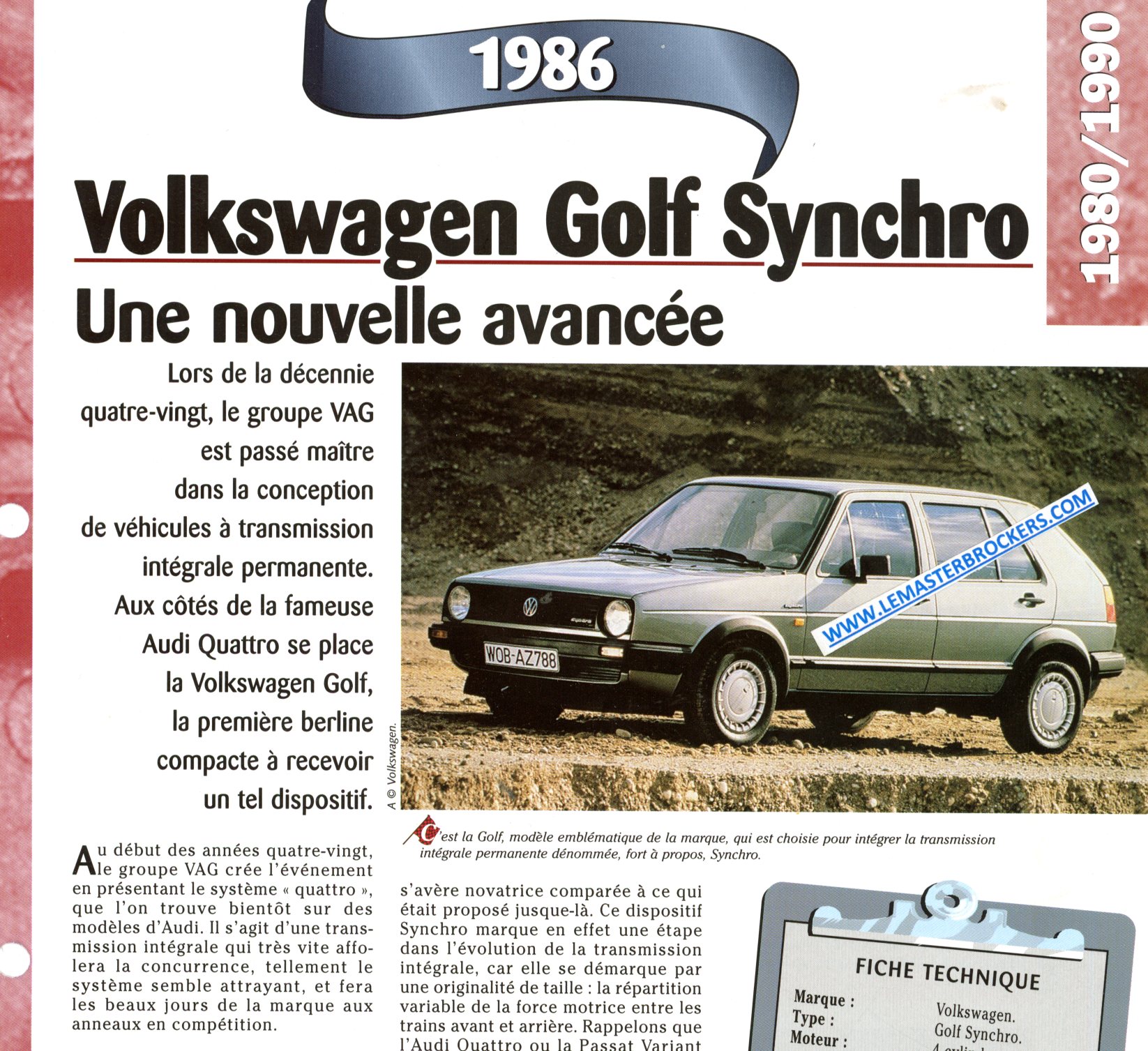 FICHE TECHNIQUE VOLKSWAGEN GOLF SYNCHRO 1986