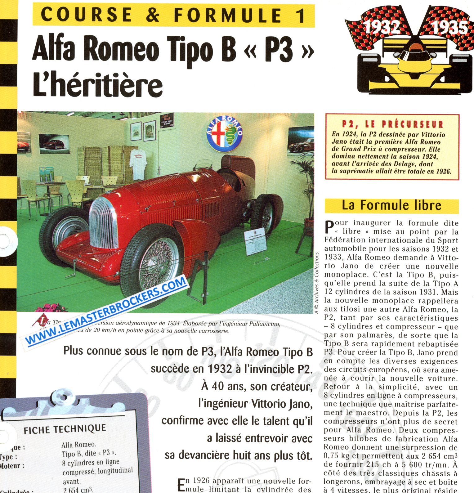 ALFA ROMEO TIPO B P3 HERITIERE - FICHE COURSE ET FORMULE 1