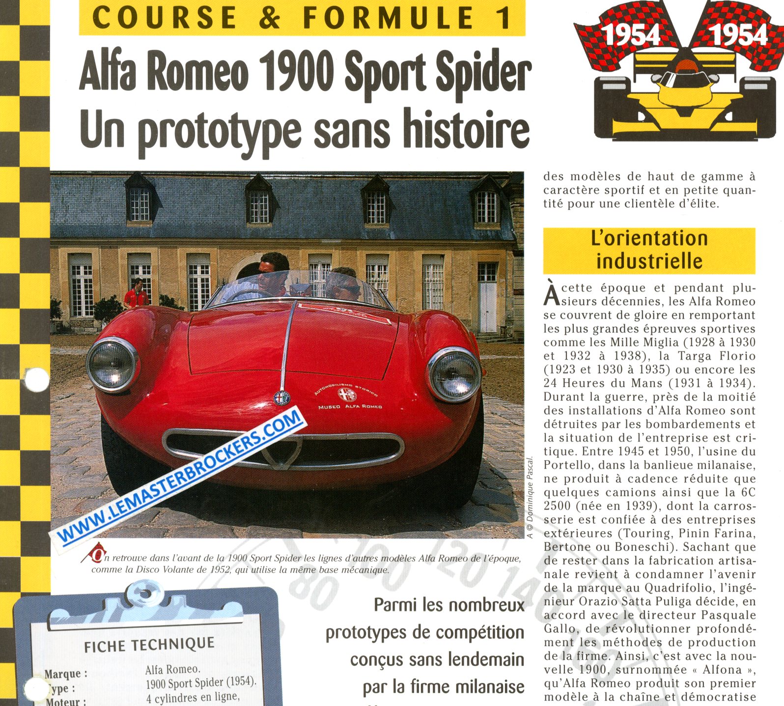 ALFA ROMEO 1900 SPORT SPIDER - FICHE COURSE ET FORMULE 1
