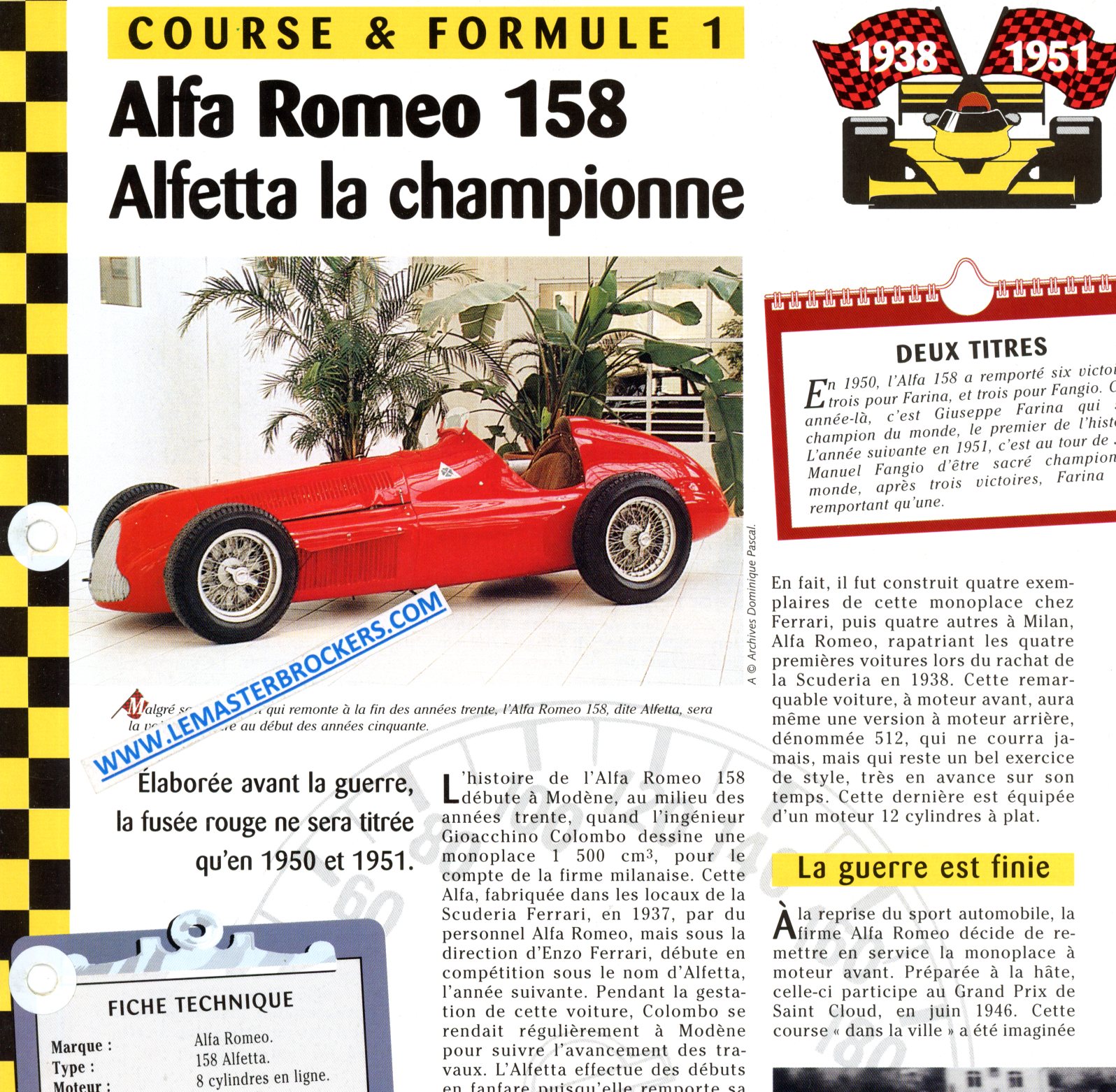 ALFA ROMEO 158 ALFETTA LA CHAMPIONNE - FICHE COURSE ET FORMULE 1