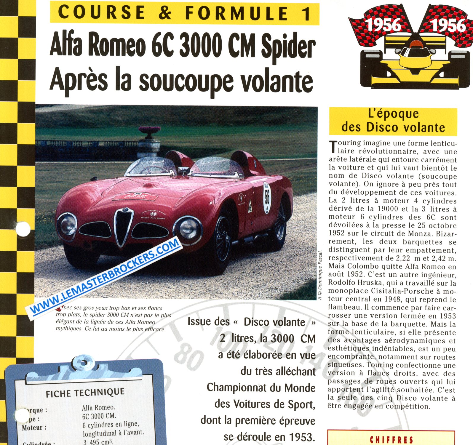 ALFA ROMEO 6C 3000 CM SPIDER - FICHE COURSE ET FORMULE 1 1956