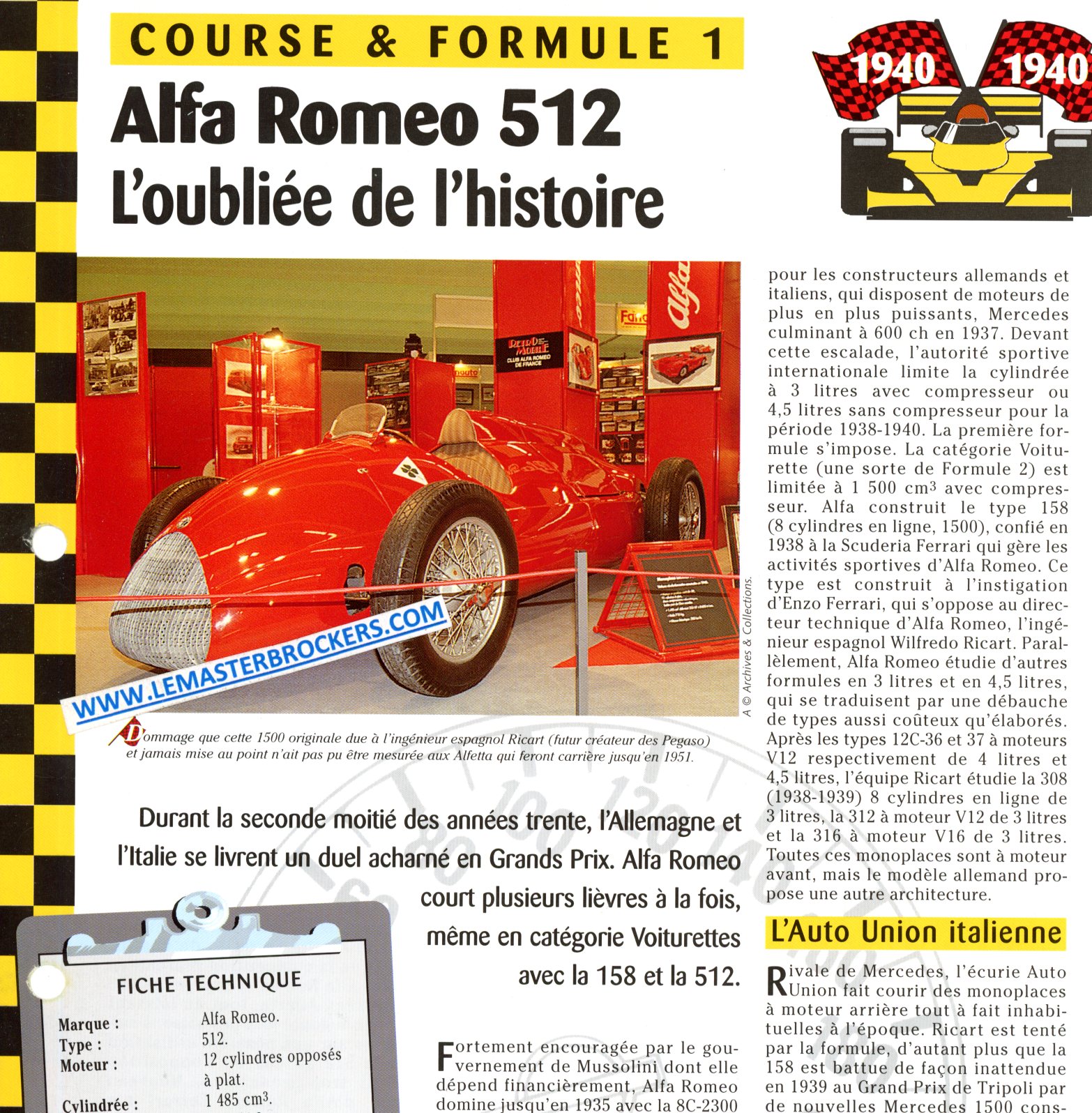 ALFA ROMEO 152 - FICHE COURSE ET FORMULE 1 1940