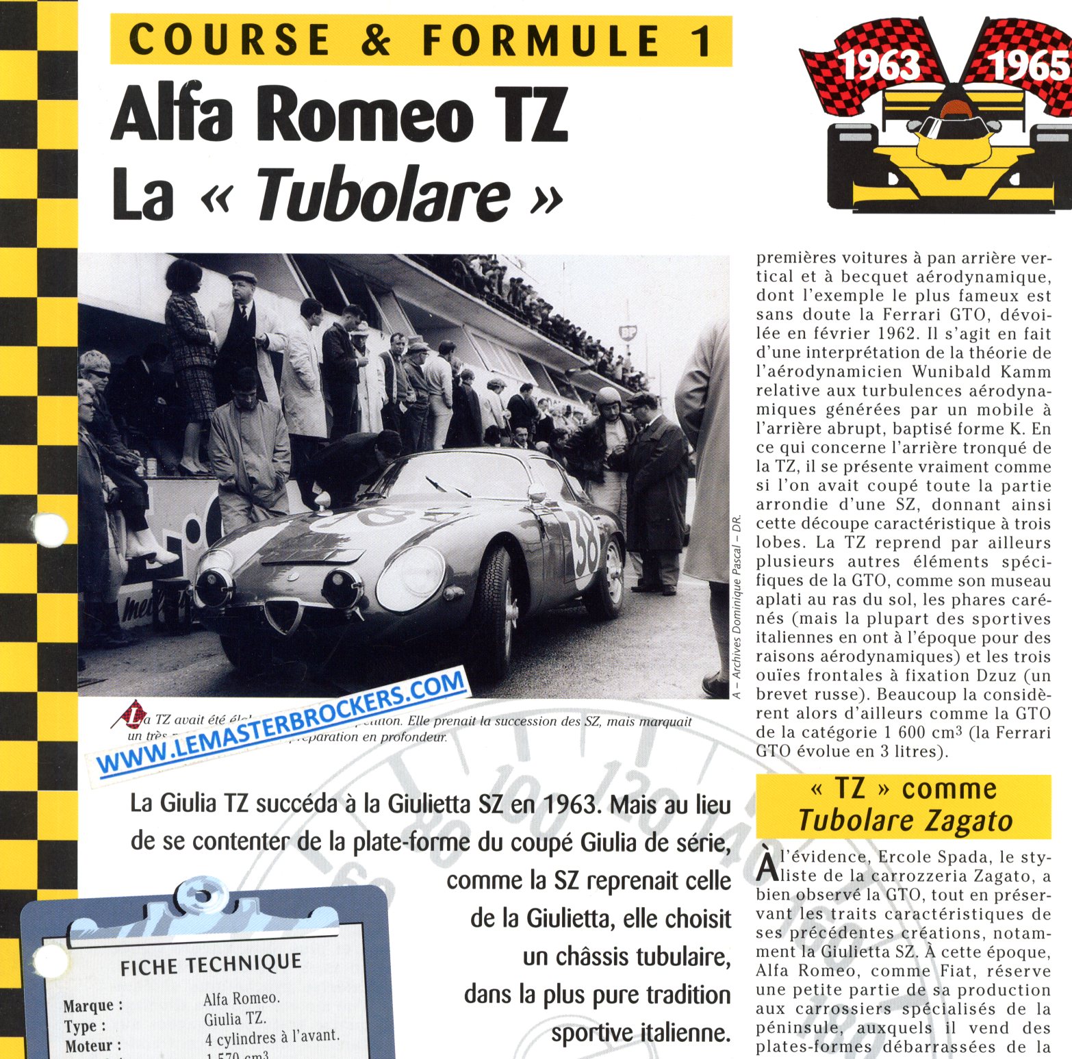 ALFA ROMEO TZ LA TUBOLARE - FICHE COURSE ET FORMULE 1 1963-1965
