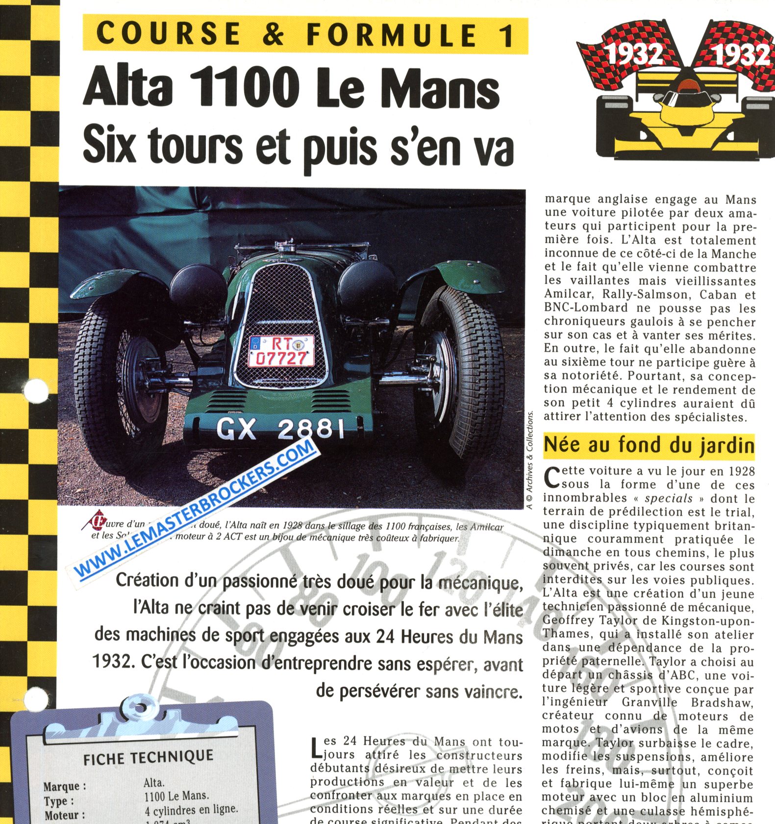 ALTA 1100 LE MANS - FICHE COURSE ET FORMULE 1 1932