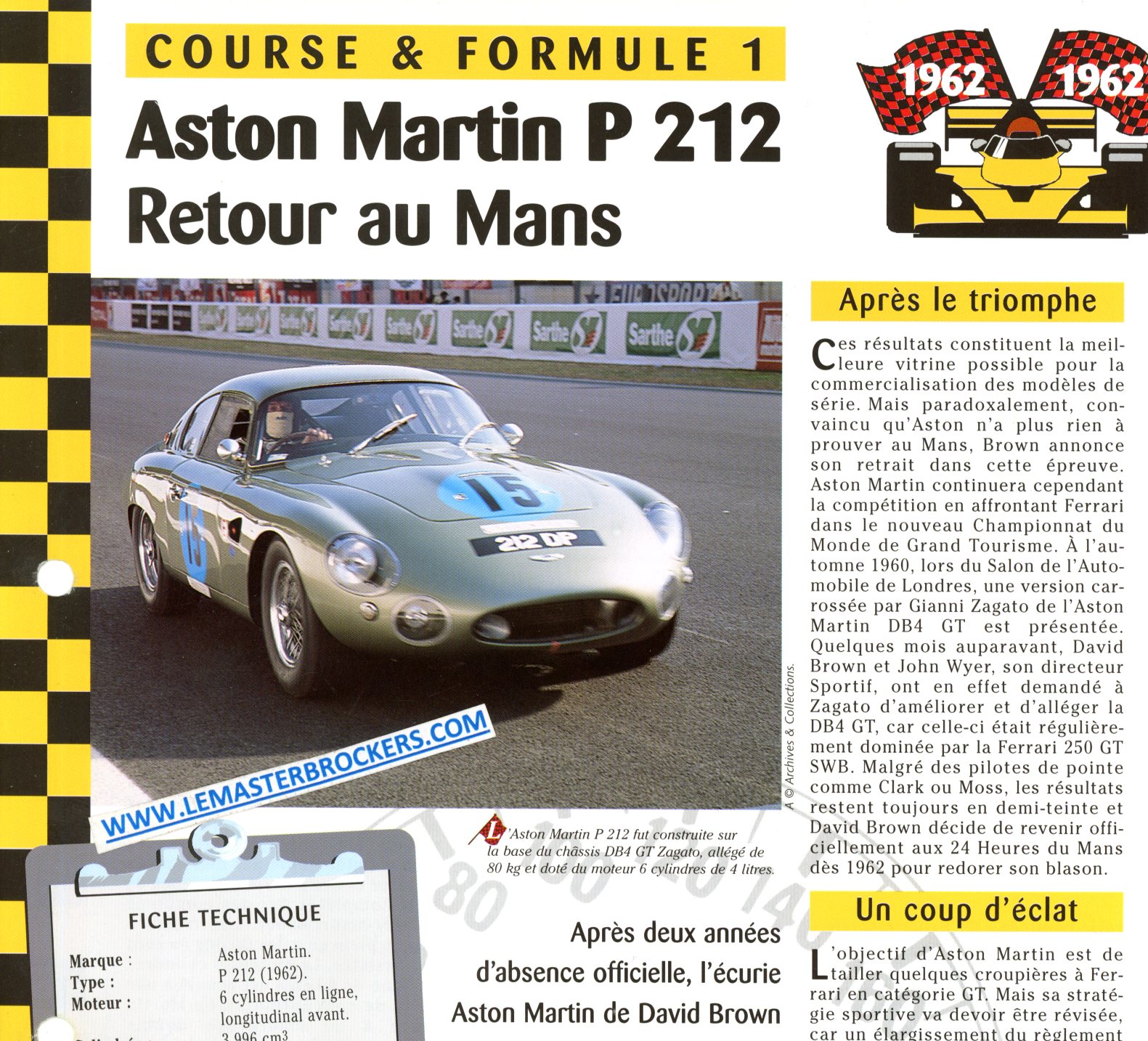 ASTON MARTIN P212 RETOUR AU MANS - FICHE COURSE ET FORMULE 1 1962