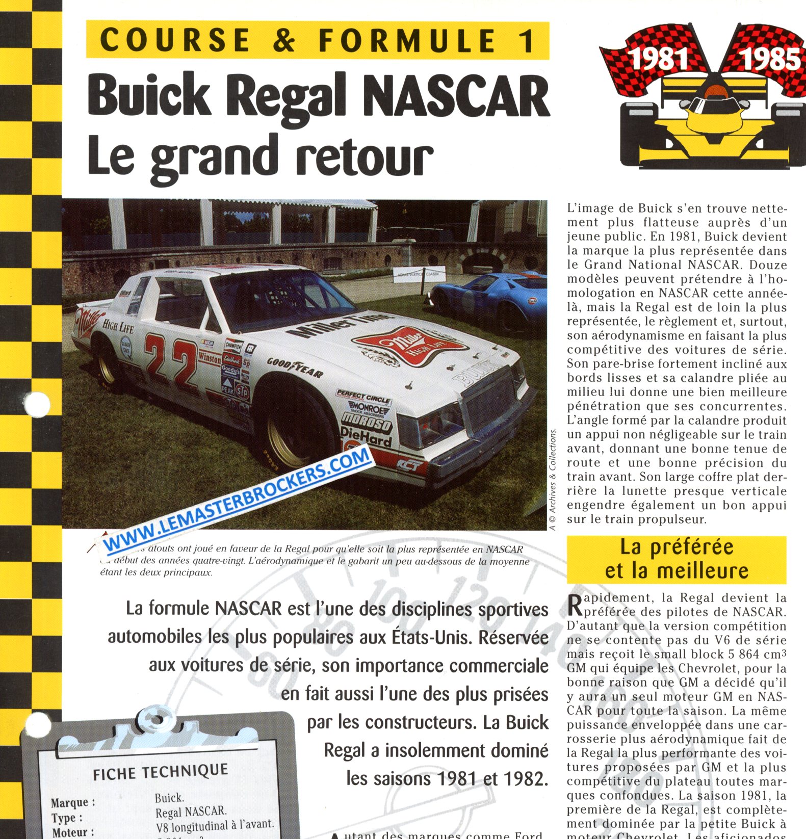 BUICK REGAL NASCAR - FICHE COURSE ET FORMULE 1 1981-1985