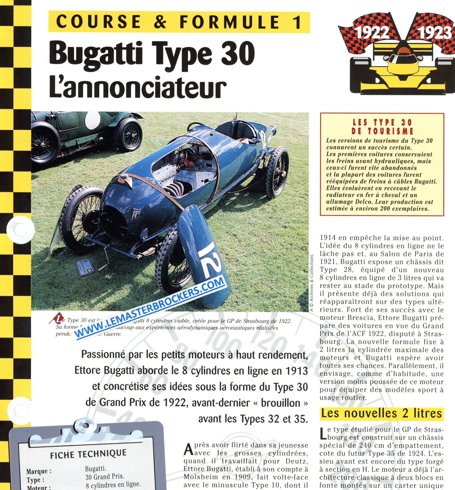 BUGATTI TYPE 30 - FICHE COURSE ET FORMULE 1 1922-1923