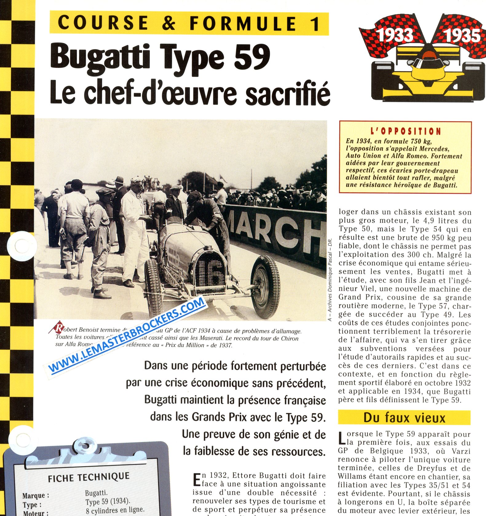 BUGATTI TYPE 59 - FICHE COURSE ET FORMULE 1 1933-1935