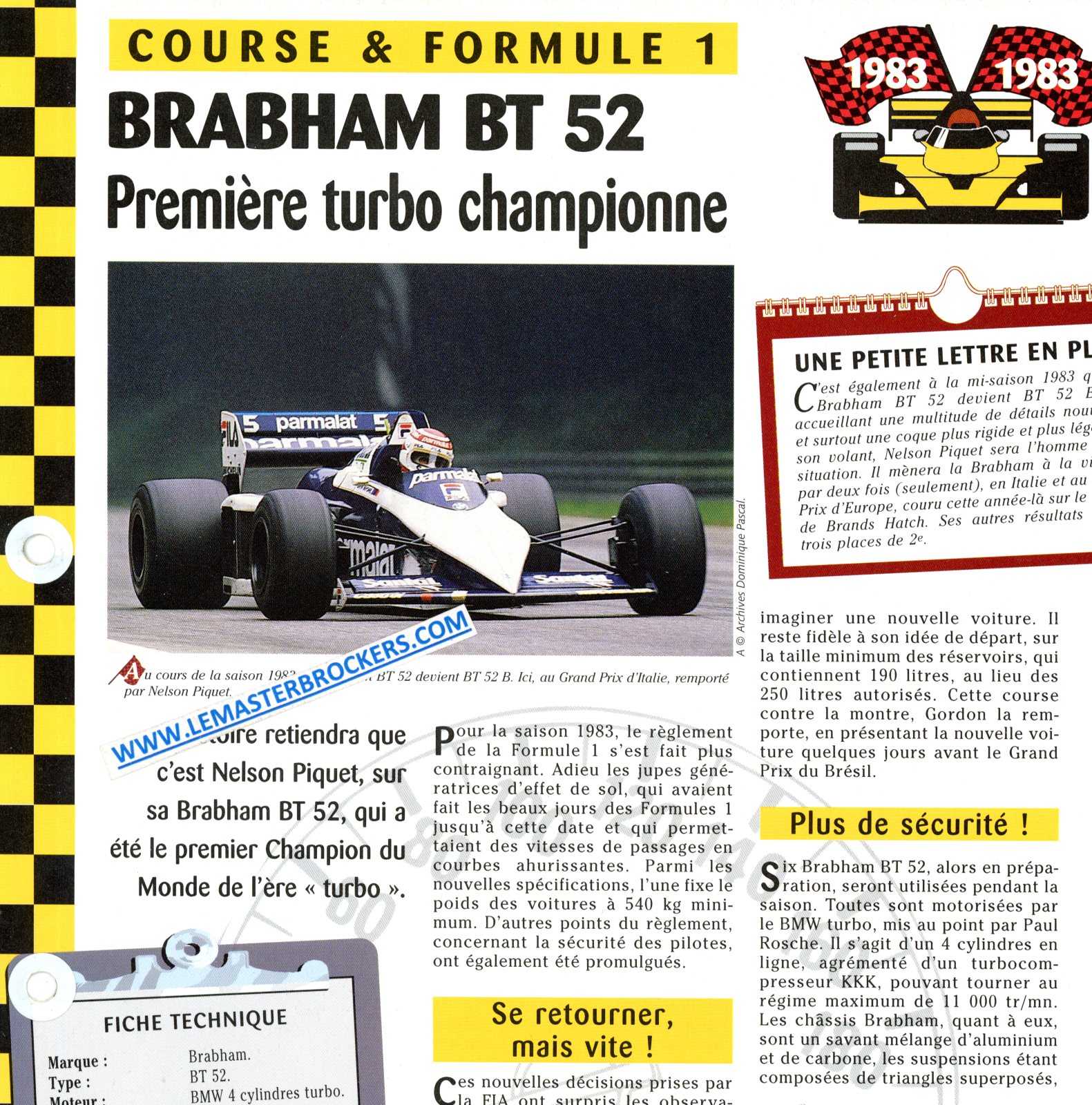 BRABHAM BT 52 BT52 - FICHE COURSE ET FORMULE 1 1983