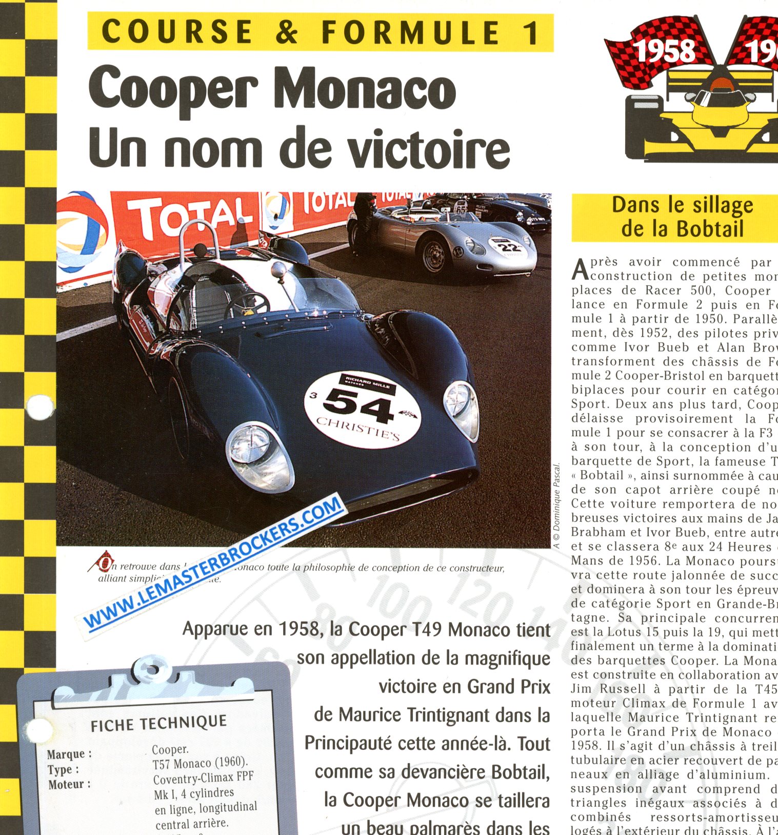 COOPER MONACO - FICHE COURSE ET FORMULE 1 1958-1964