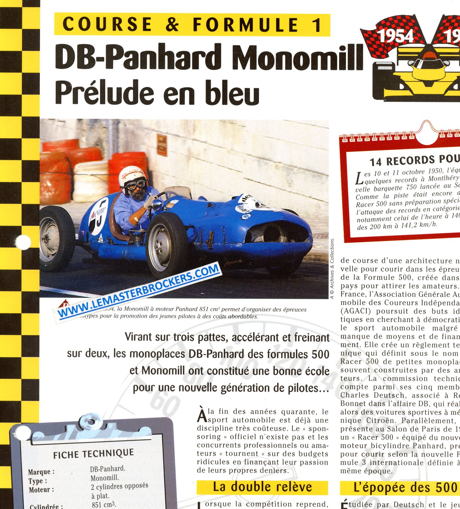 DB PANHARD MONOMILL - FICHE COURSE ET FORMULE 1 1954-1955