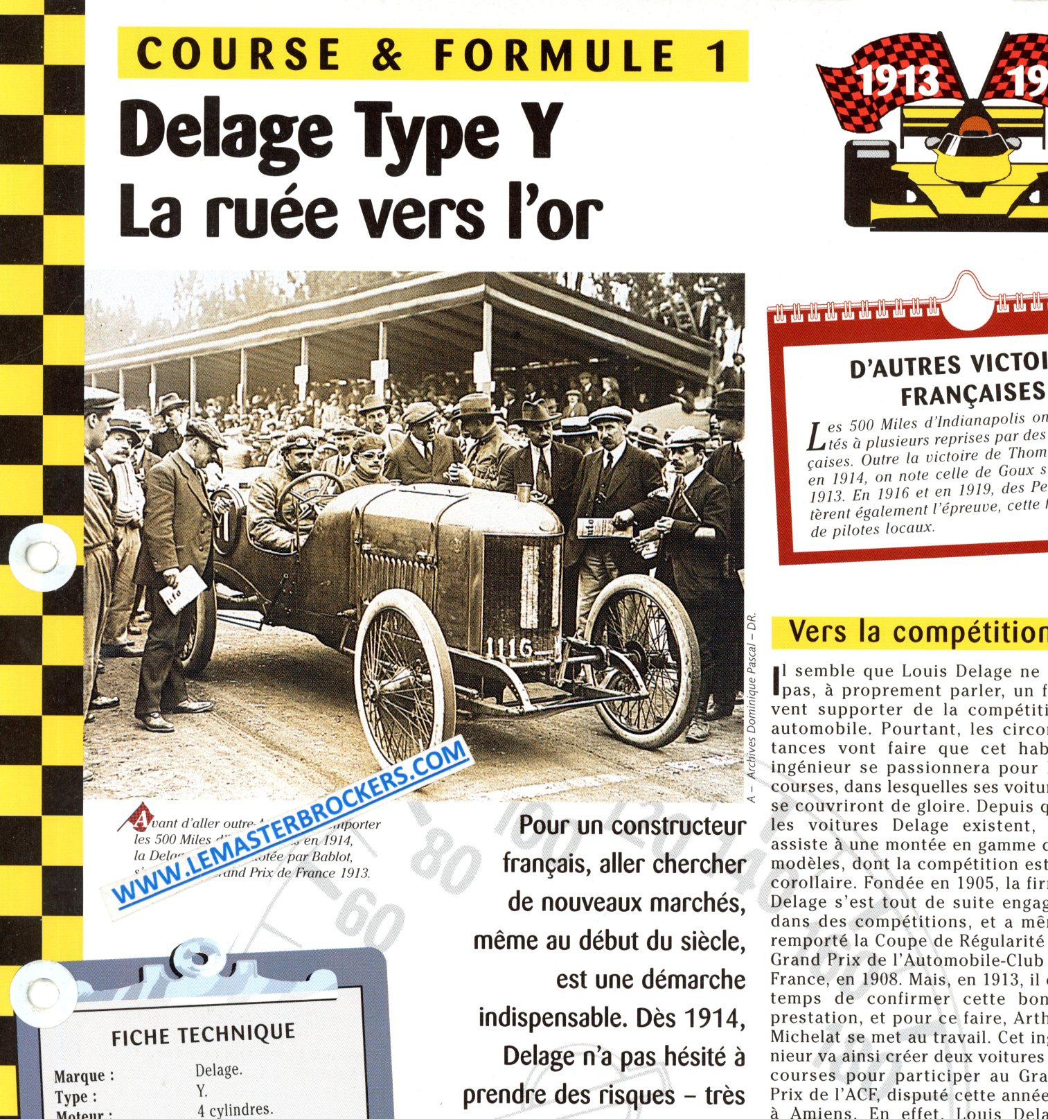 DELAGE TYPE Y - FICHE COURSE ET FORMULE 1 1913-1914