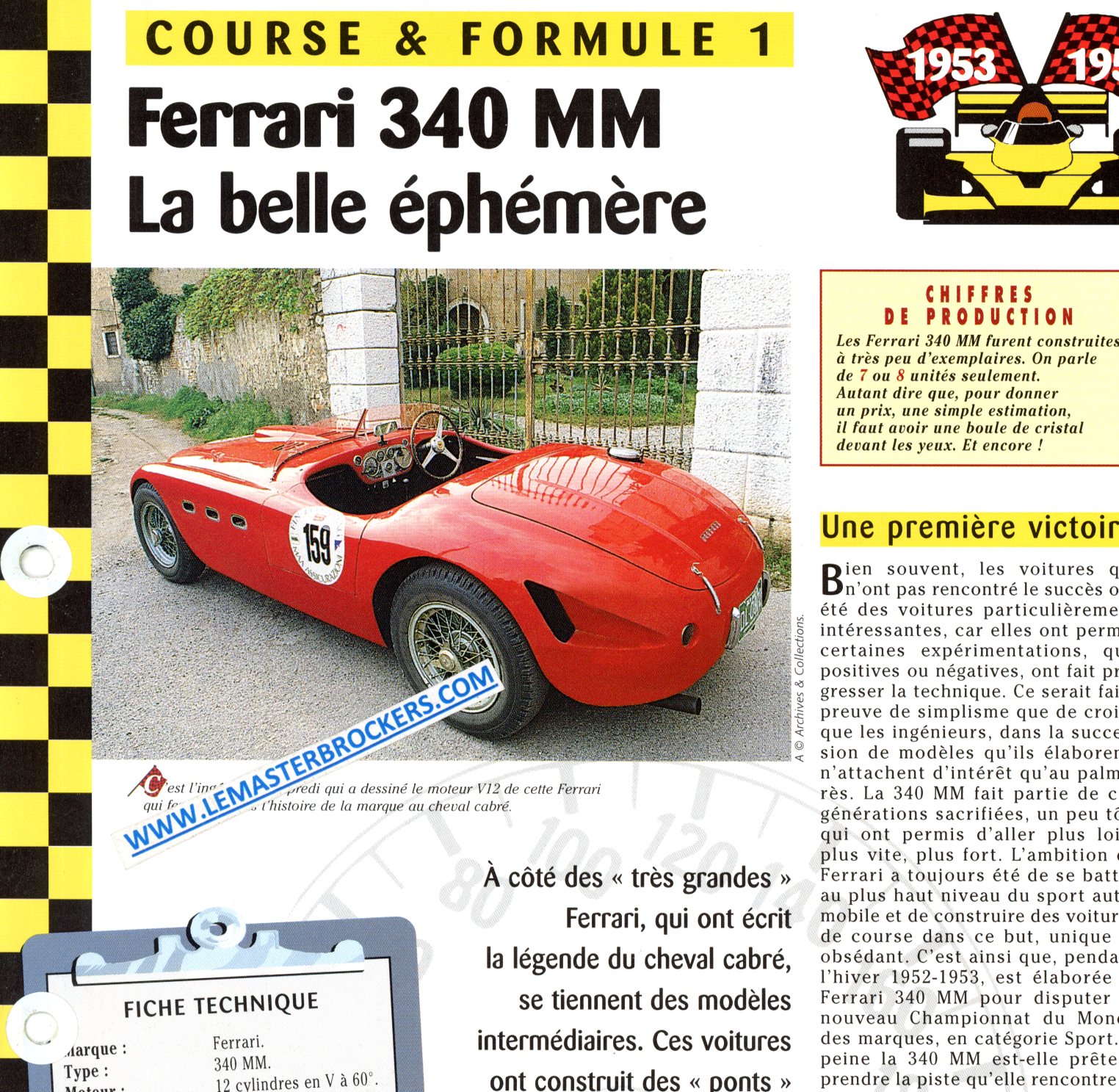 FERRARI 340 MM 340MM - FICHE COURSE ET FORMULE 1 1953