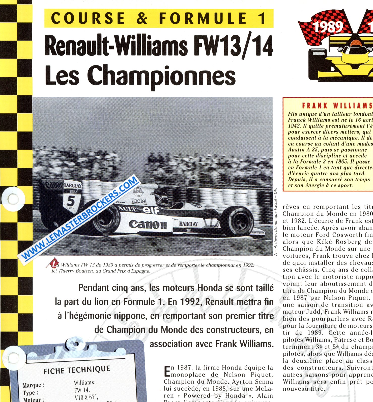 RENAULT WILLIAMS FW13 FW14 1989-1992 - FICHE COURSE ET FORMULE 1
