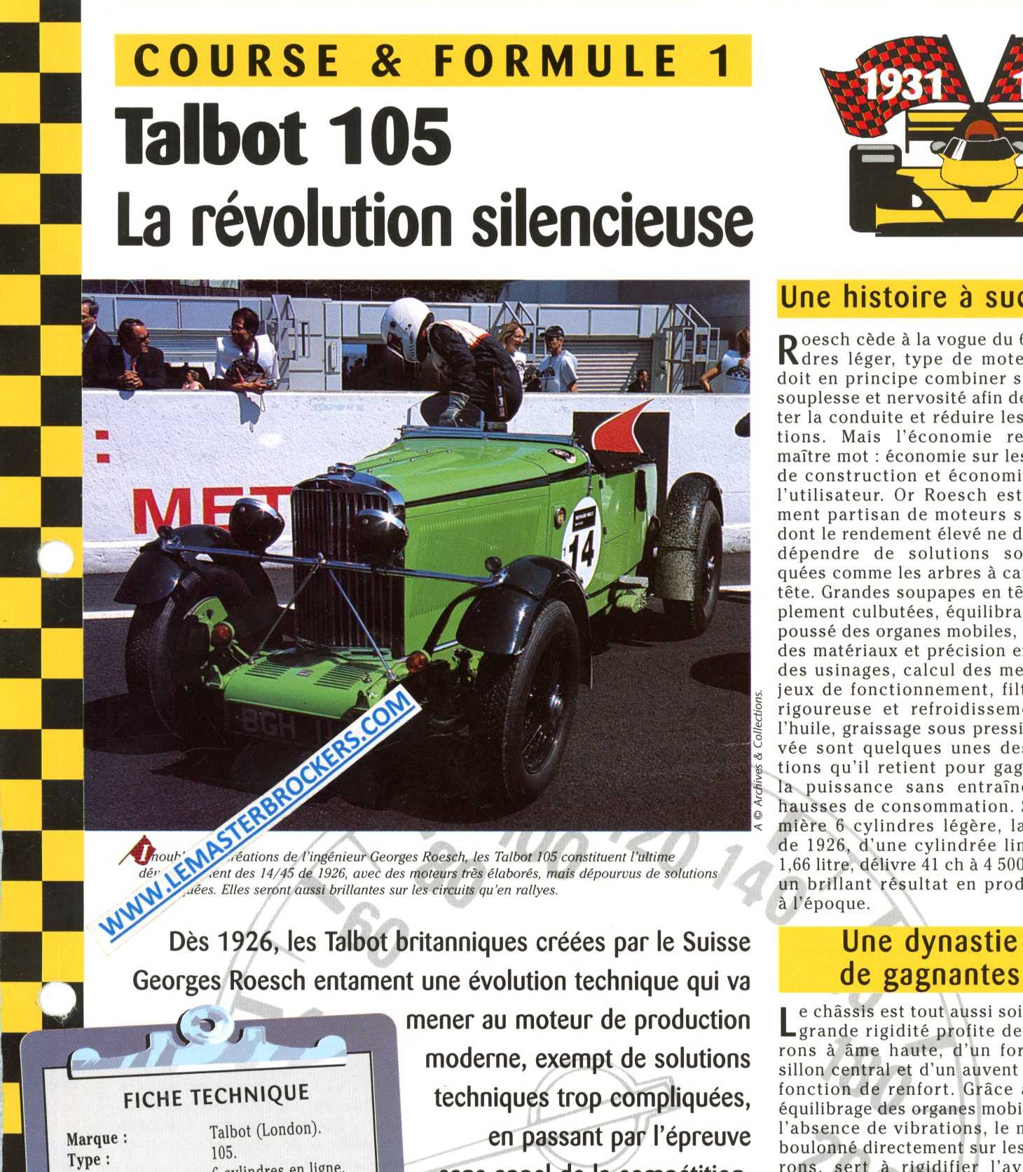 fiche TALBOT 105 1931 - FICHE COURSE ET FORMULE 1