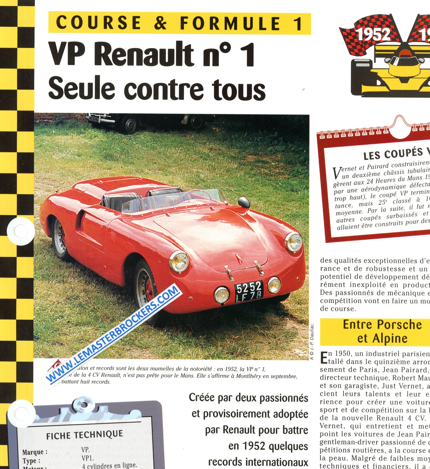 FICHE VP RENAULT N° 1 DERIVE DE LA 4CV - FICHE COURSE ET FORMULE 1 - 1952