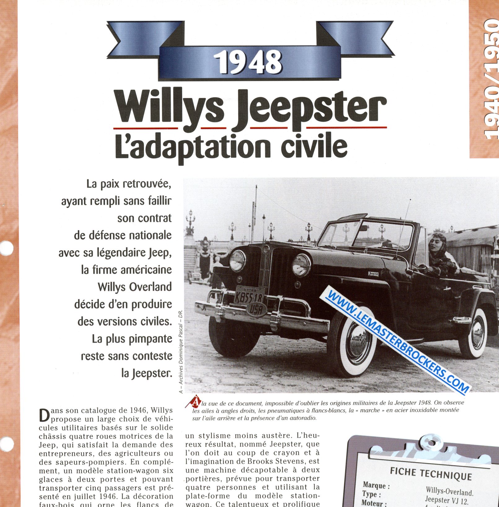 FICHE WILLYS JEEPSTER VJ 12 - FICHE AUTO 1948