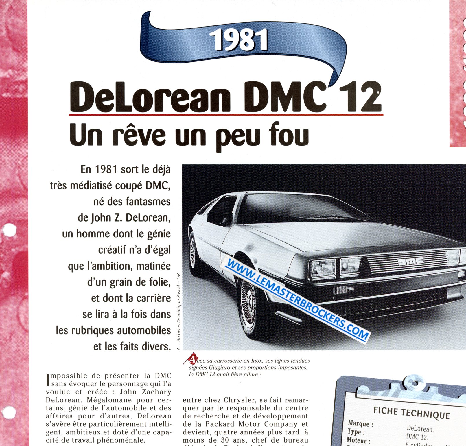 DELOREAN DMC 12 - FICHE AUTO 1981