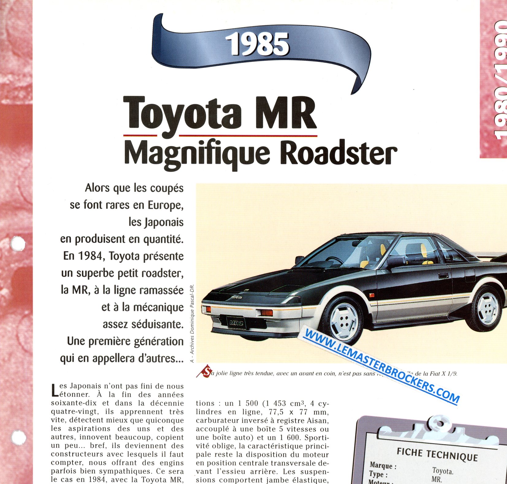 TOYOTA MR 1985 MAGNIFIQUE ROADSTER - FICHE AUTO COLLECTION