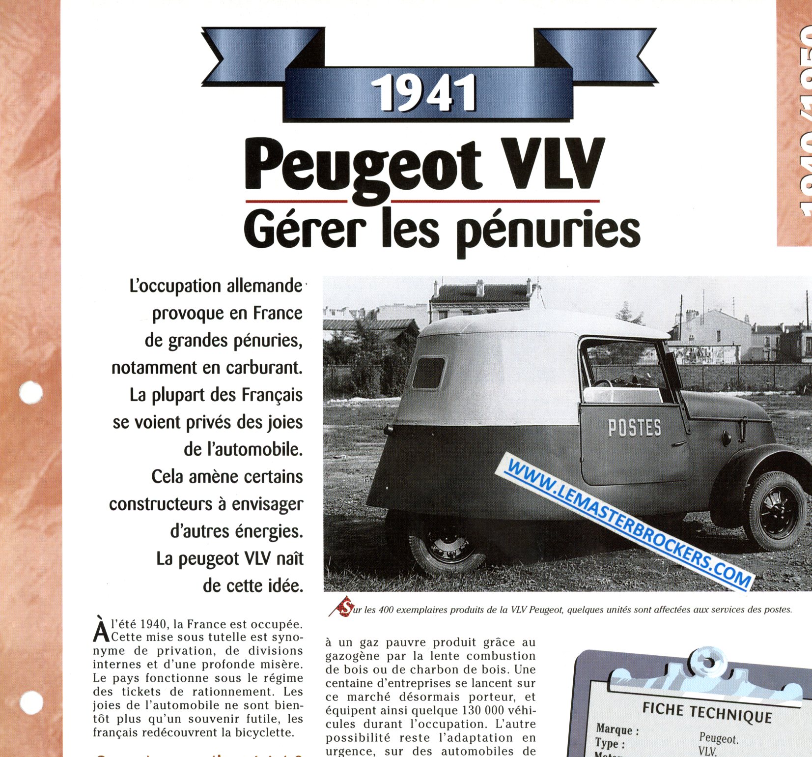 PEUGEOT VLV MOTEUR SAFI ELECTRIQUE 1941 - FICHE AUTO COLLECTION