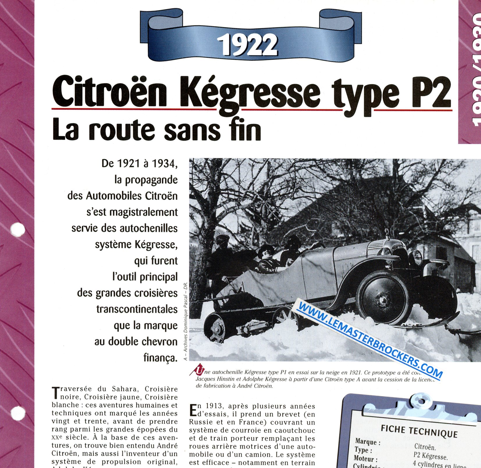 CITROEN KEGRESSE TYPE P2 1922 - FICHE AUTO COLLECTION - CAR CARD A4