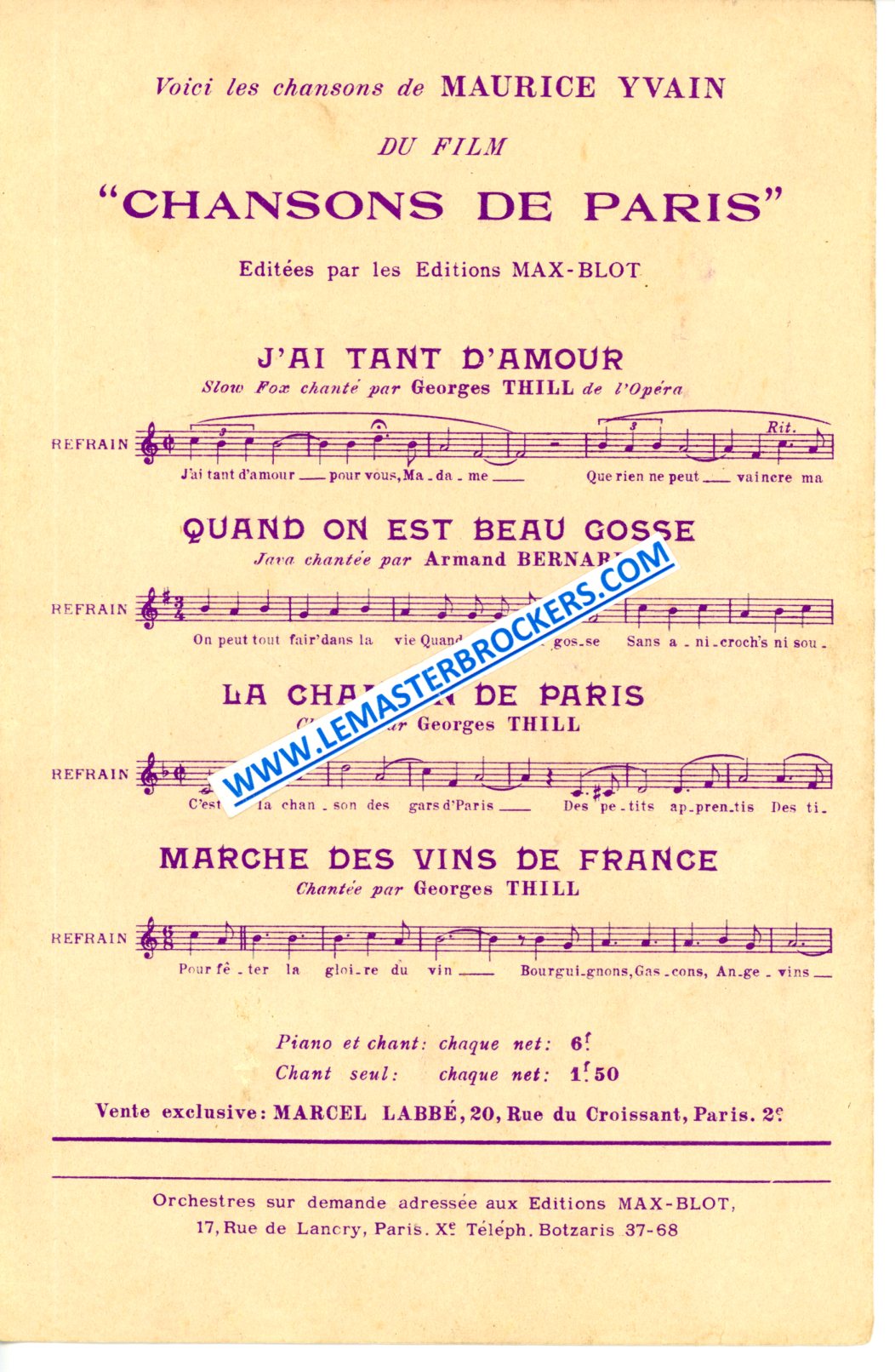 PARTITION ANCIENNE LA CHANSON DE PARIS - EDITION MAX-BLOT PARIS