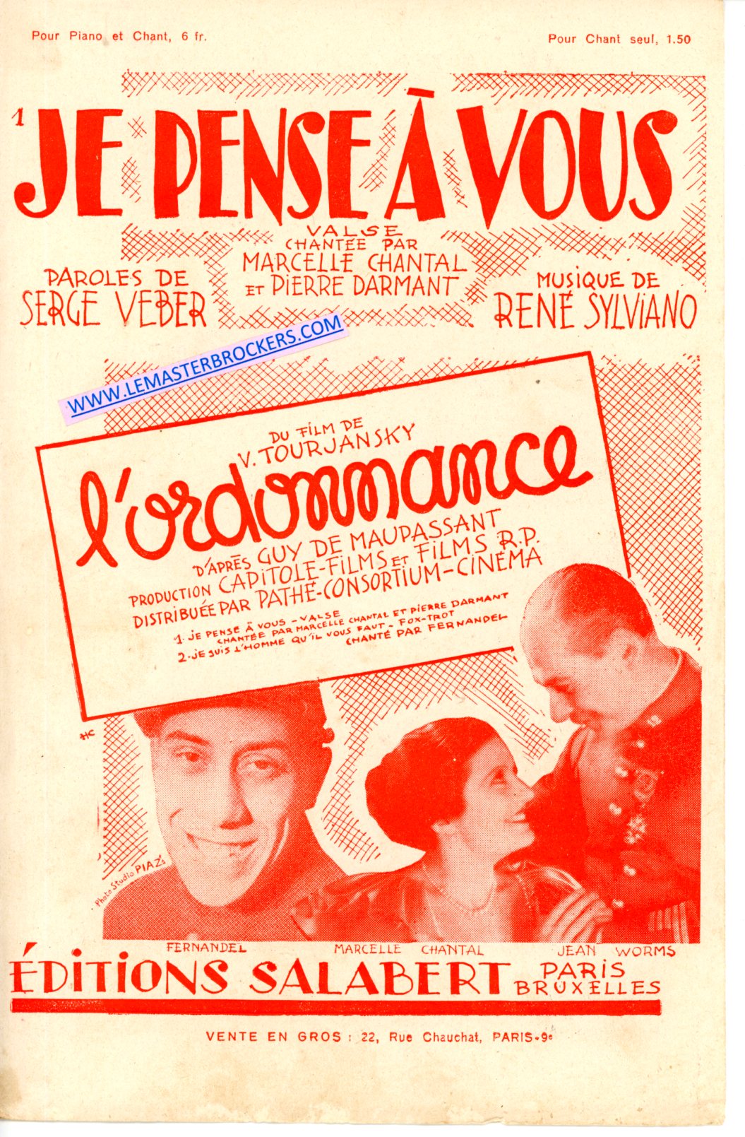 JE PENSE A VOUS FERNENDEL FILM L'ODONNANCE 1933 MUSIC SHEET - PARTITION ANCIENNE
