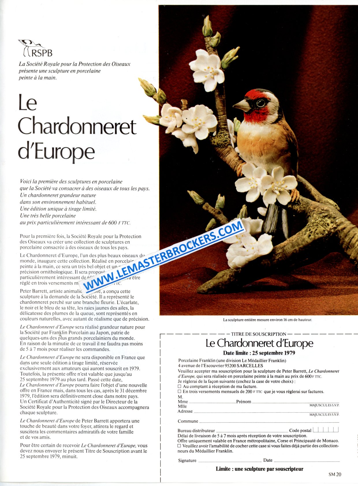 PUBLICITÉ FRANKLIN PORCELAINE CHARDONNERET EUROPE - ADVERTISING 1979